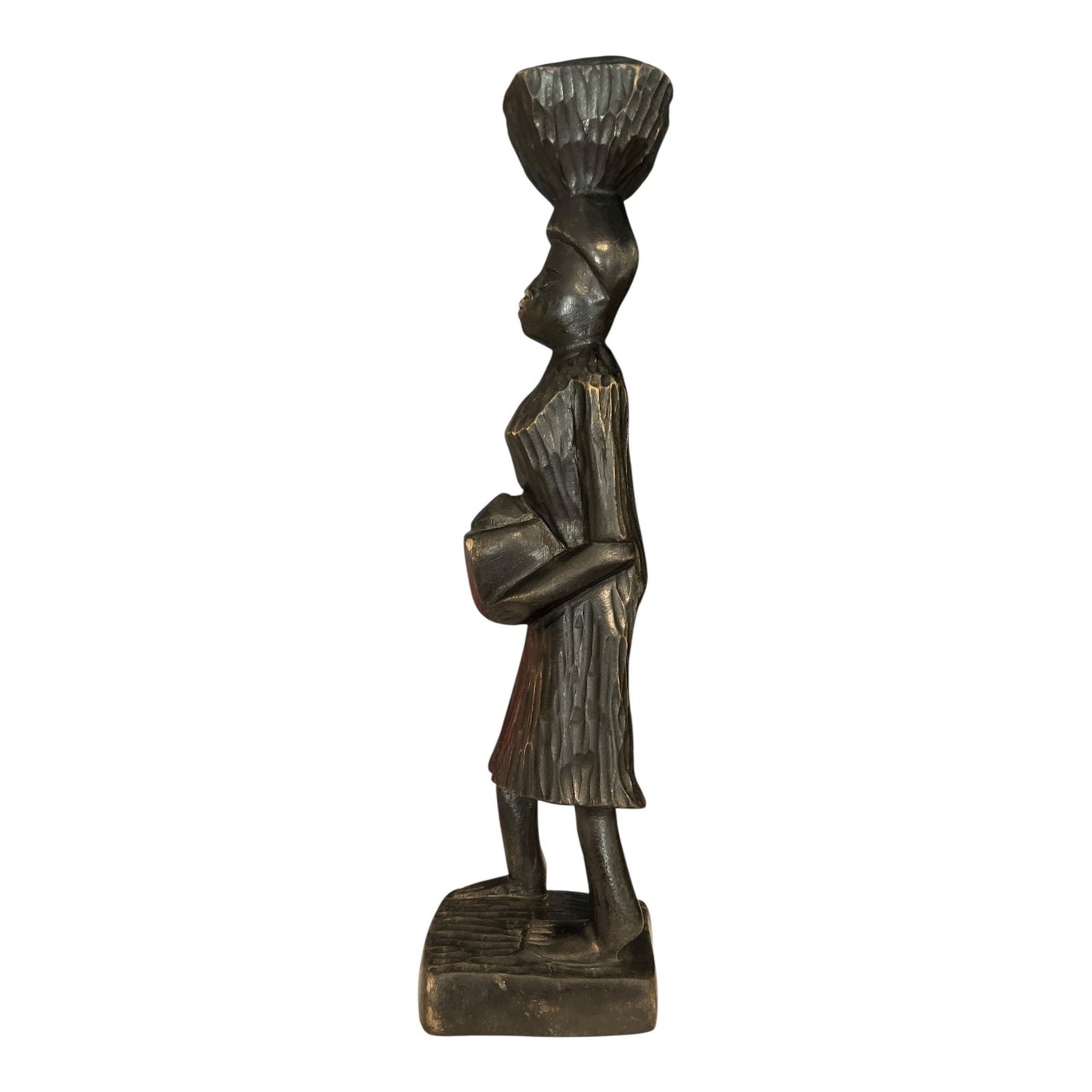 Vintage African Hand-Carved Wood Female Figure – 13.5" Tribal Woman Statue with Bowl