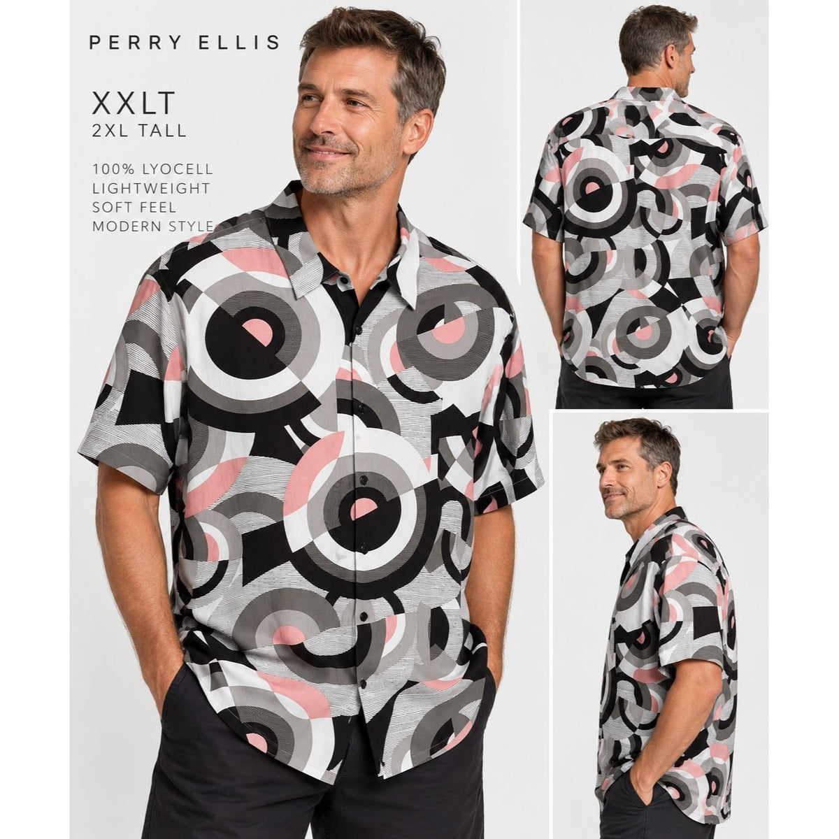 Perry Ellis XXLT 2XL Tall Lyocell Shirt Retro Mod Geometric Print