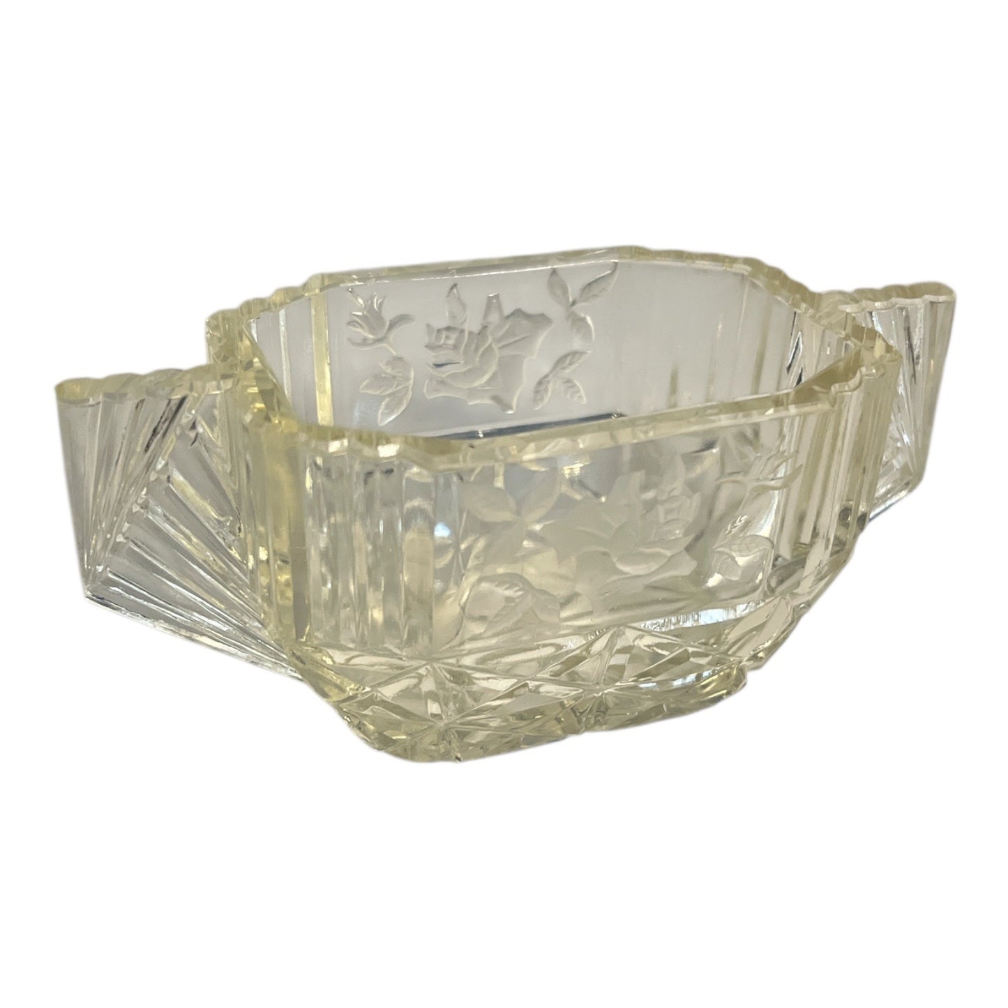 Vintage Pressed Glass Candy Dish with Floral Etch & Fan Handles | Art Deco Style 5.5”