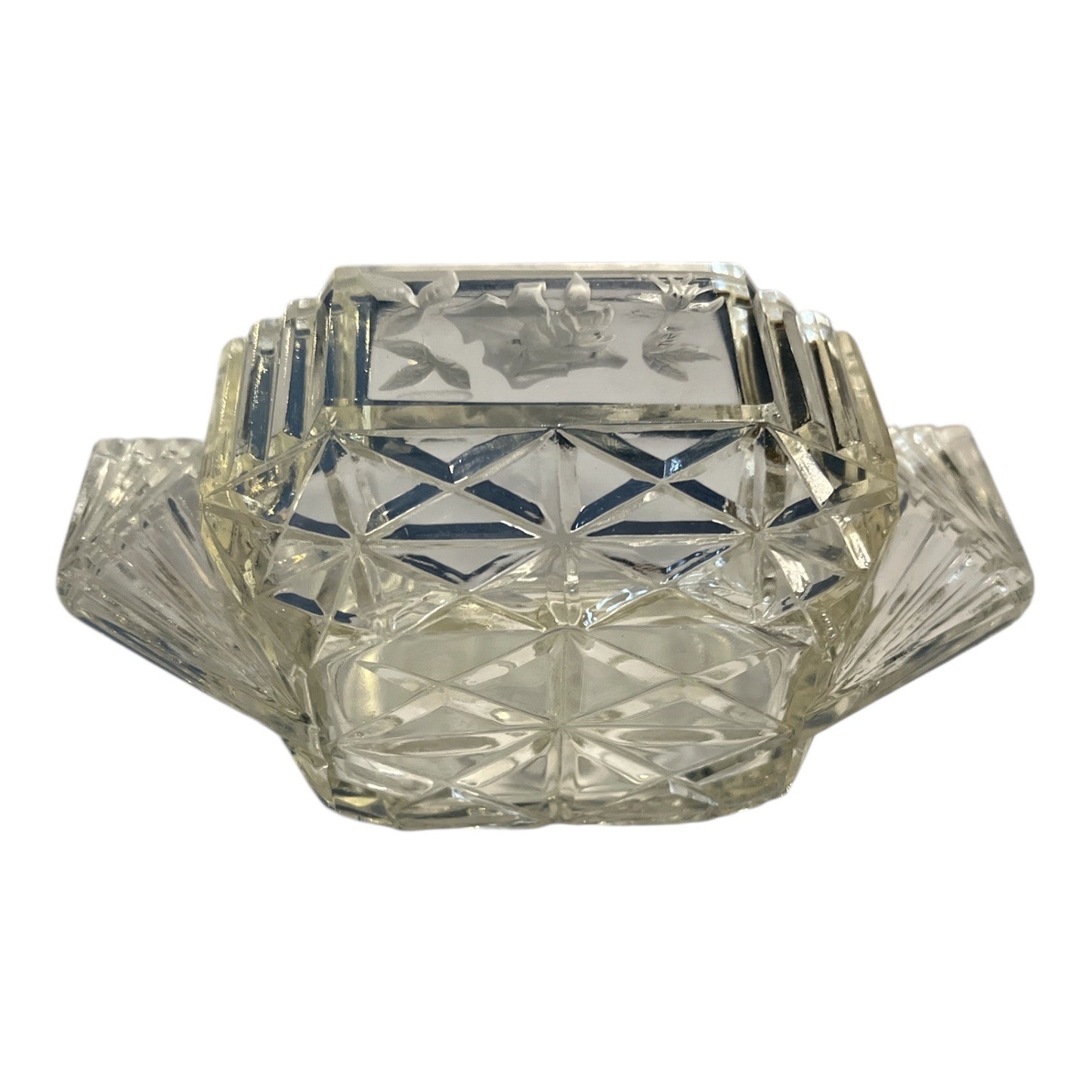 Vintage Pressed Glass Candy Dish with Floral Etch & Fan Handles | Art Deco Style 5.5”