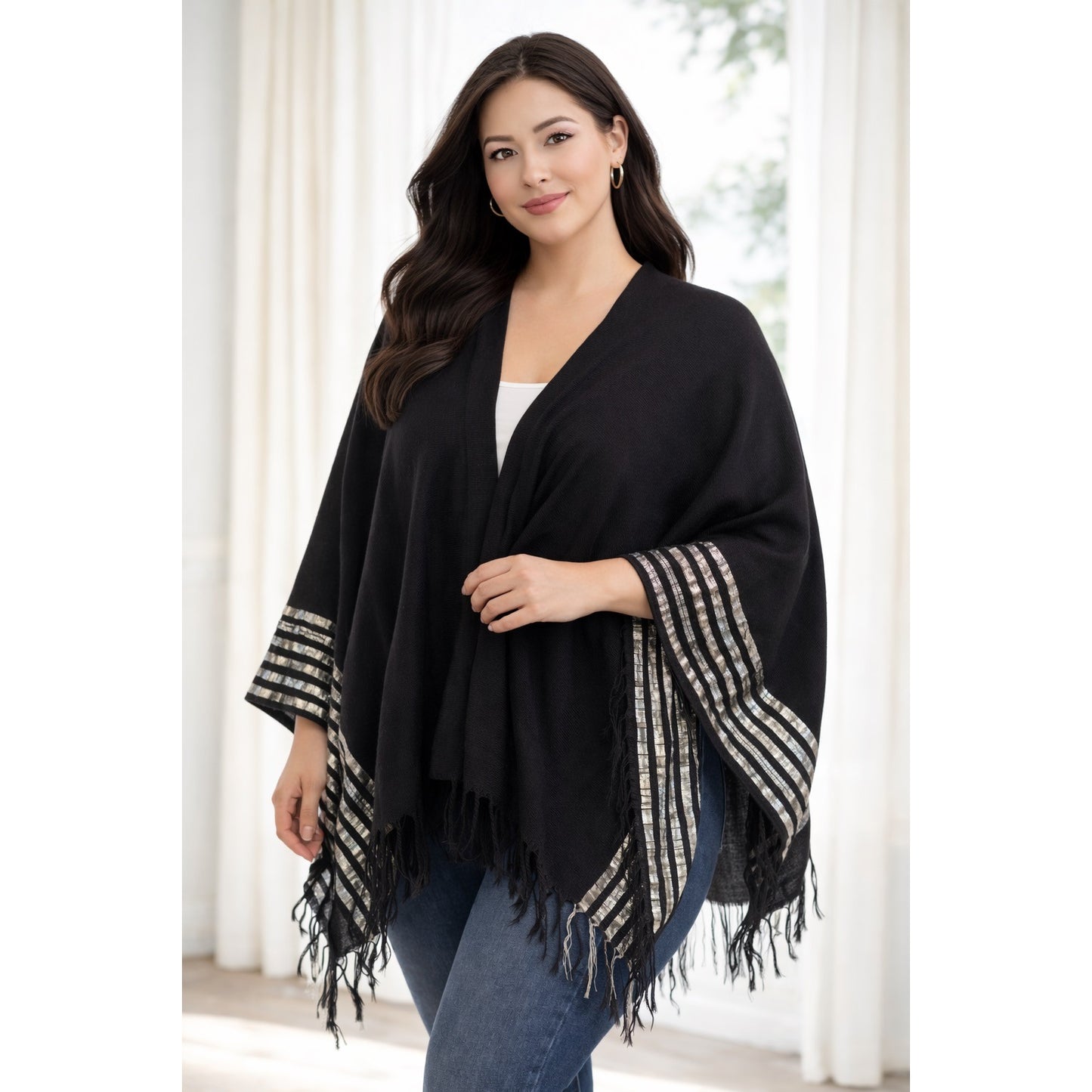 Y2K Soaked Black Silver Stripe Scarf Viscose Fringe Wrap Made in India