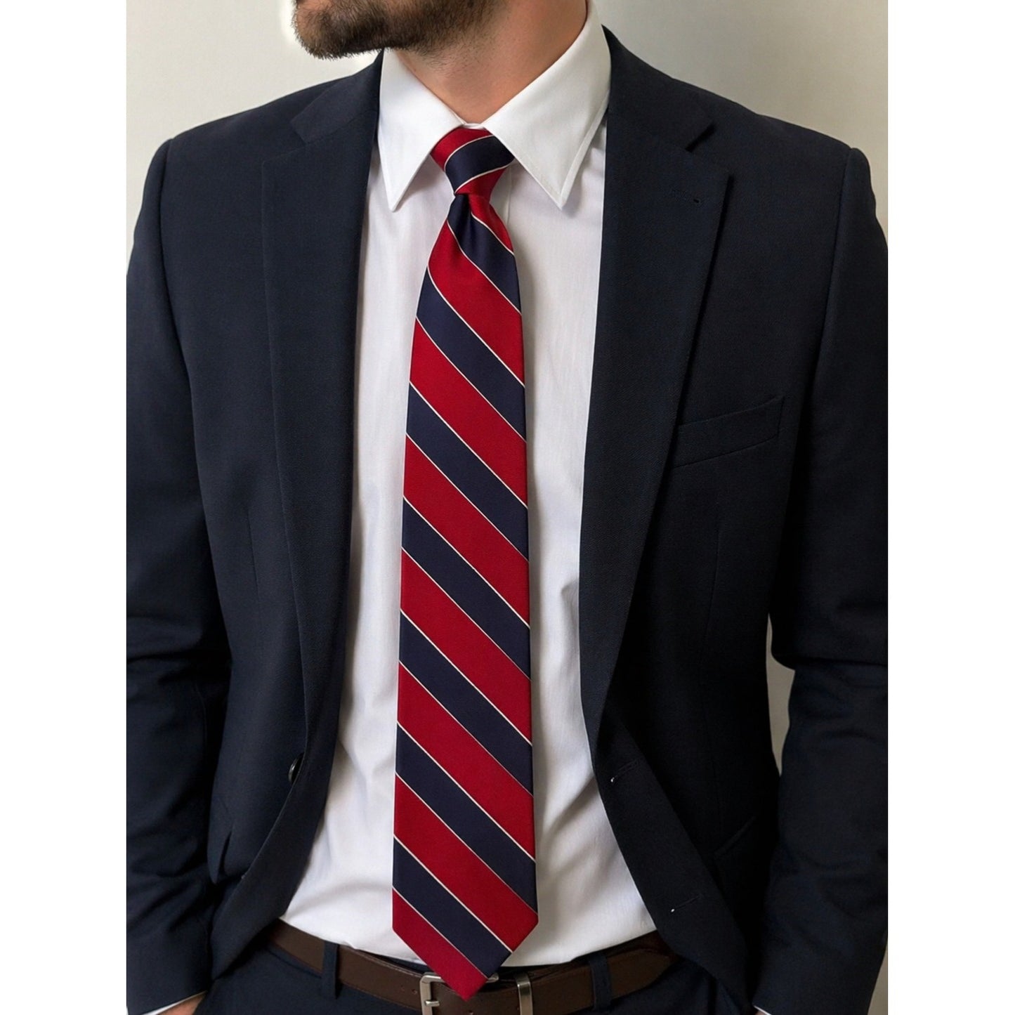 Tommy Hilfiger Silk Tie Red Navy Diagonal Stripe Classic Preppy Necktie Mens Designer