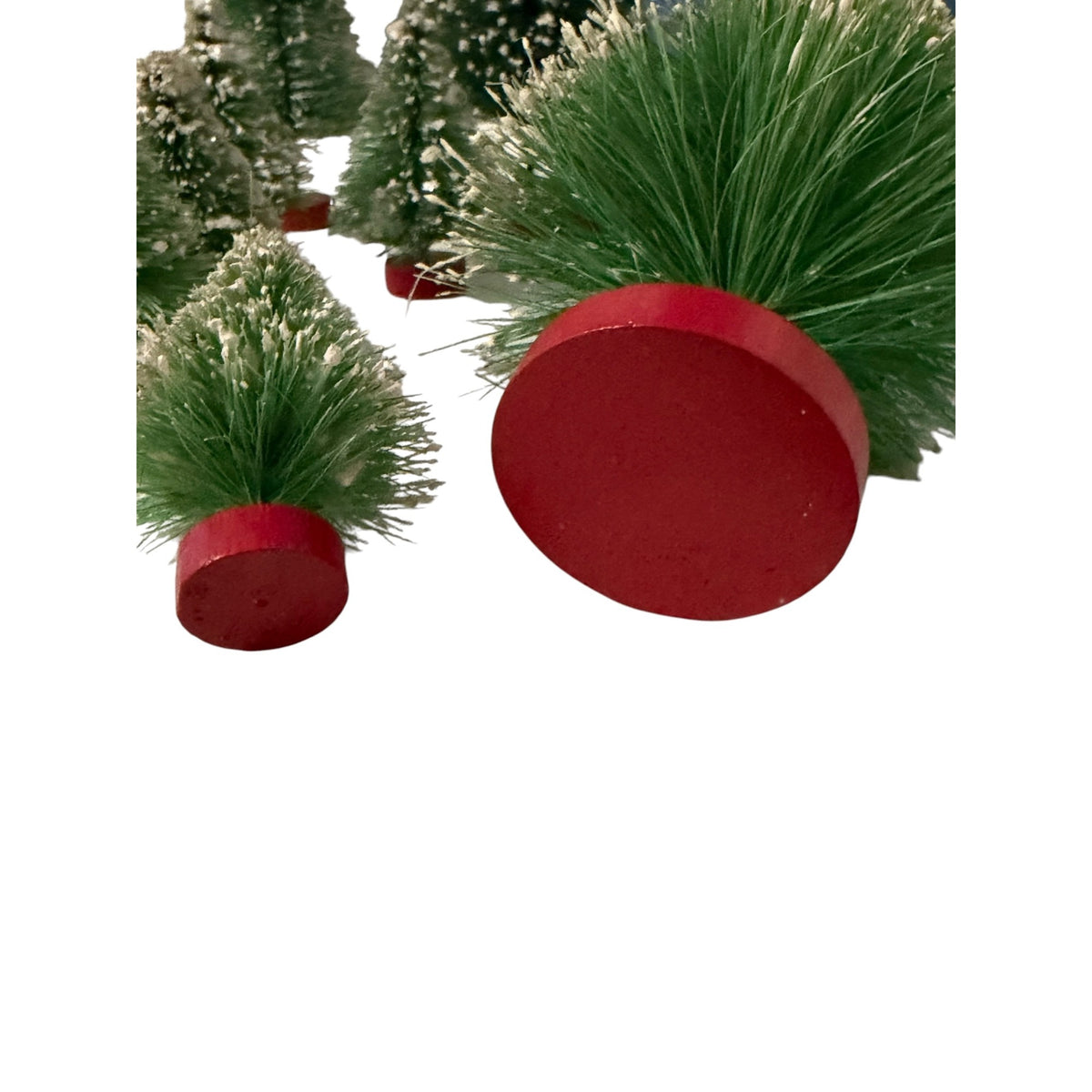 Vintage Bottle Brush Christmas Trees Lot of 10 Snow Flocked Red Wood Bases Putz