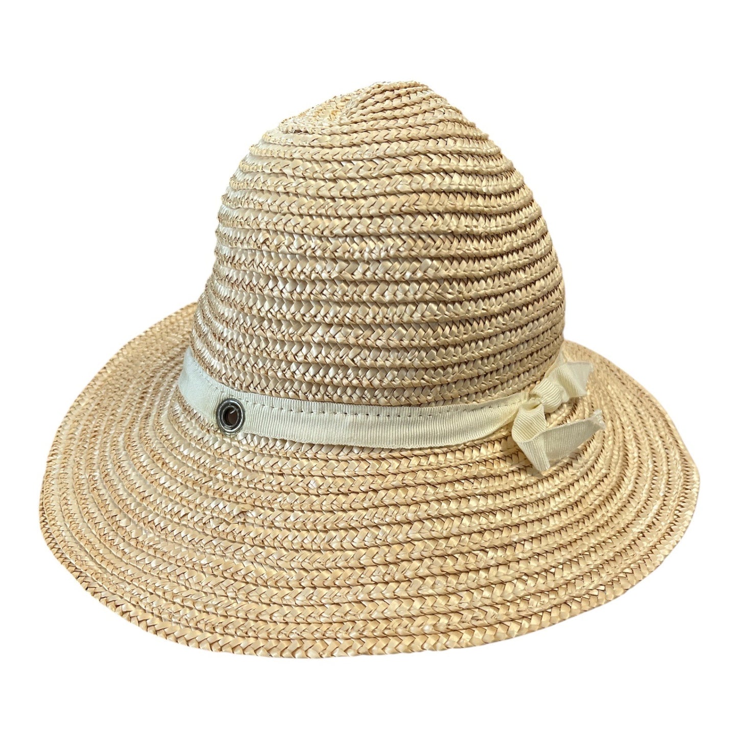 Vintage Youth-Sized Straw Hat – Made in Italy – Natural Woven with Ribbon Trim – 6" Diameter / 20" Circumference