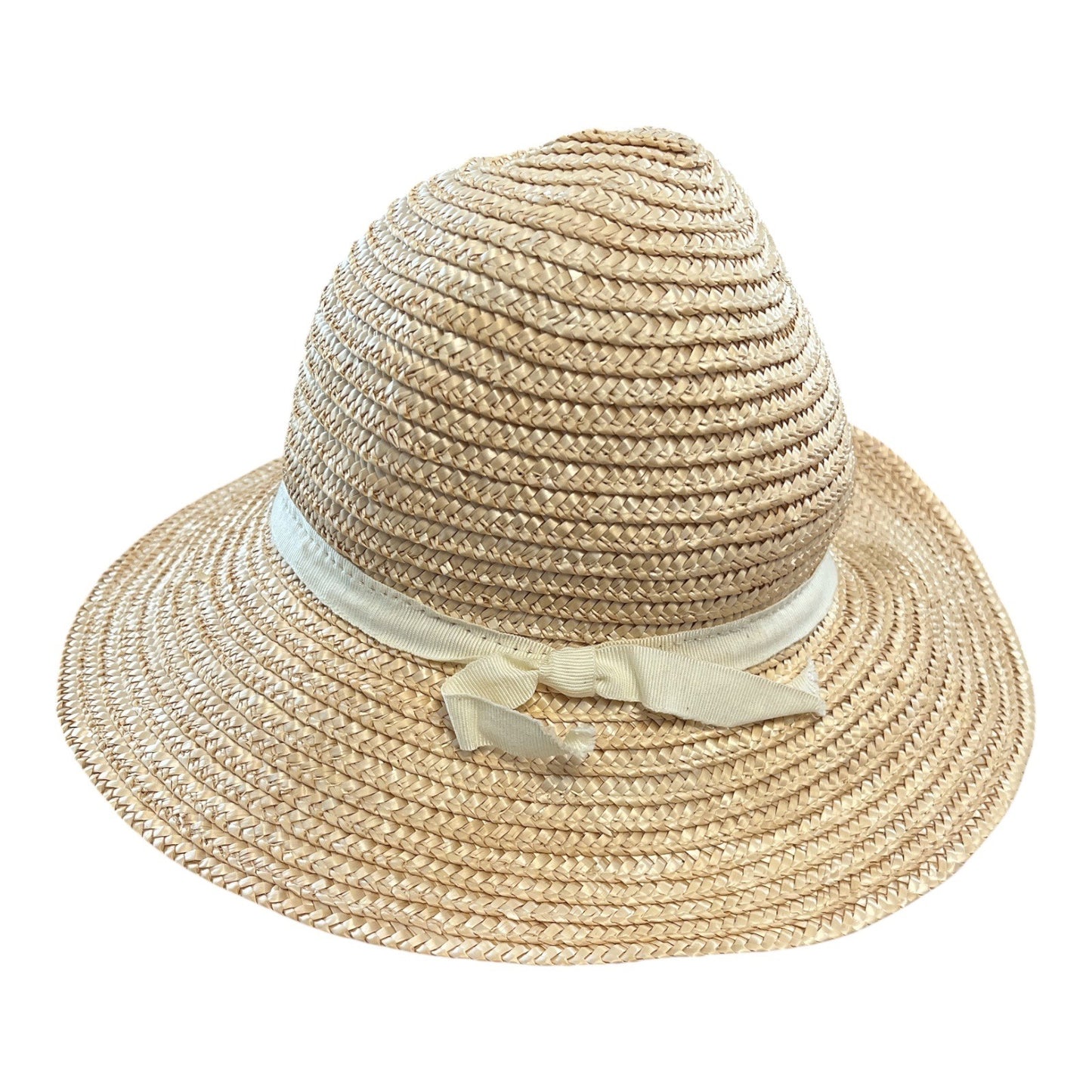 Vintage Youth-Sized Straw Hat – Made in Italy – Natural Woven with Ribbon Trim – 6" Diameter / 20" Circumference