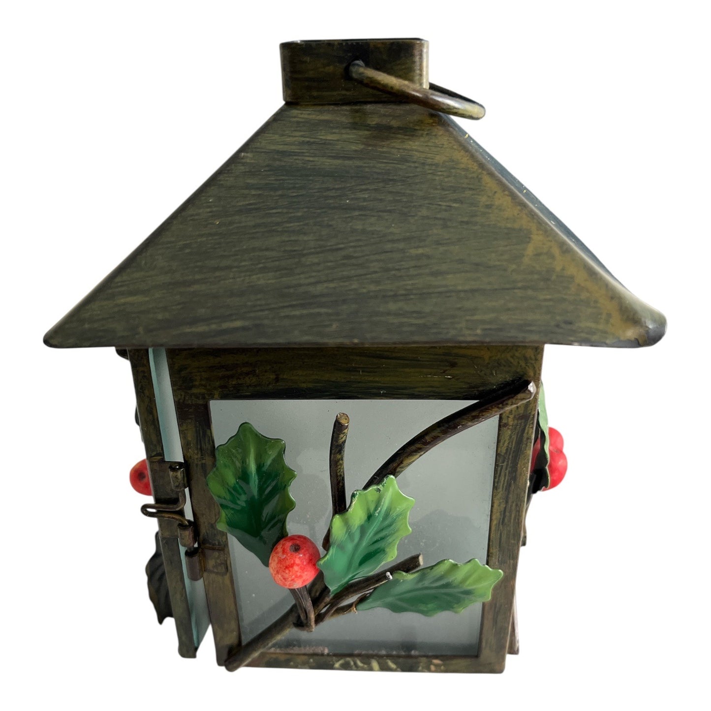 Vintage Holiday Lantern with Holly & Berry Accents – Metal & Frosted Glass
