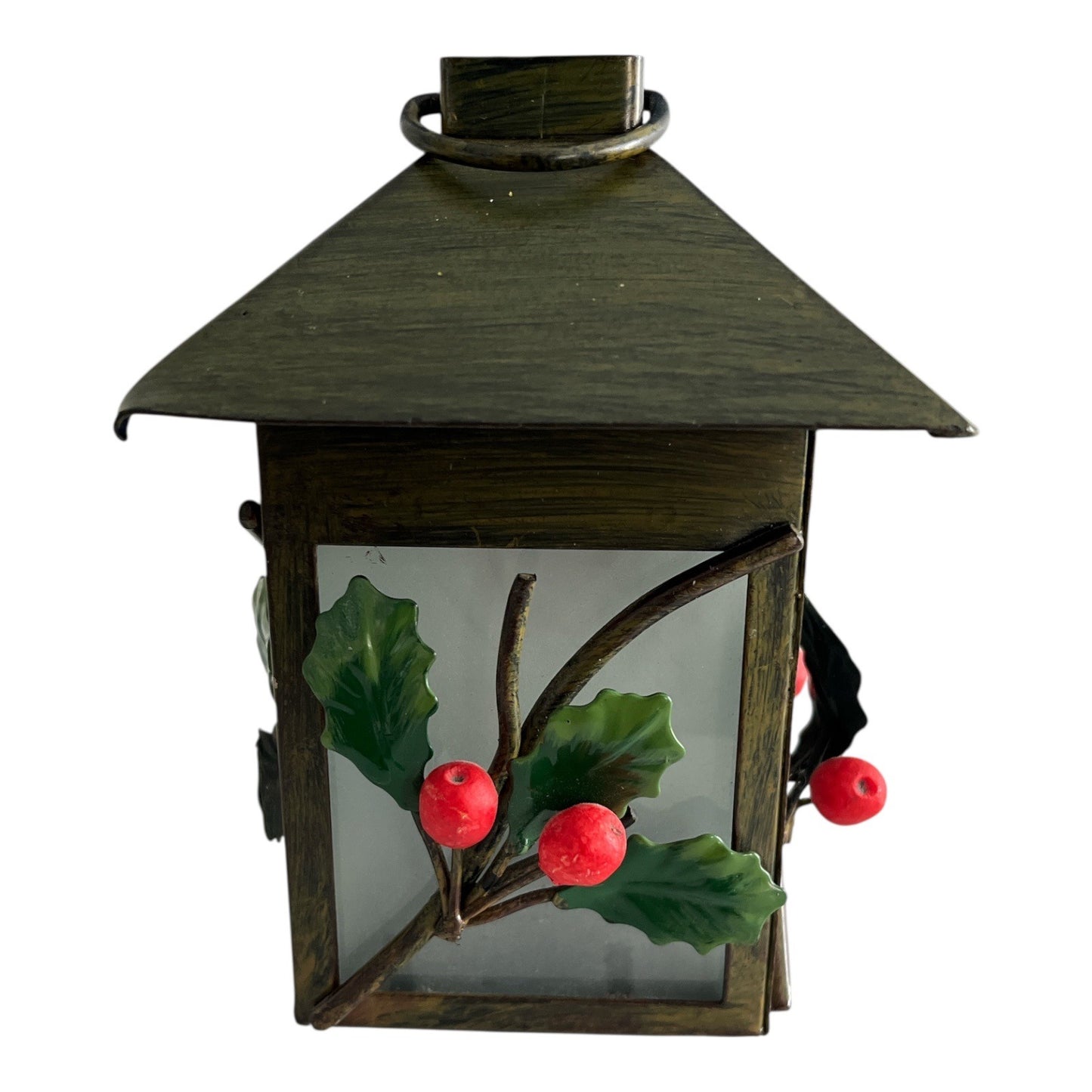Vintage Holiday Lantern with Holly & Berry Accents – Metal & Frosted Glass