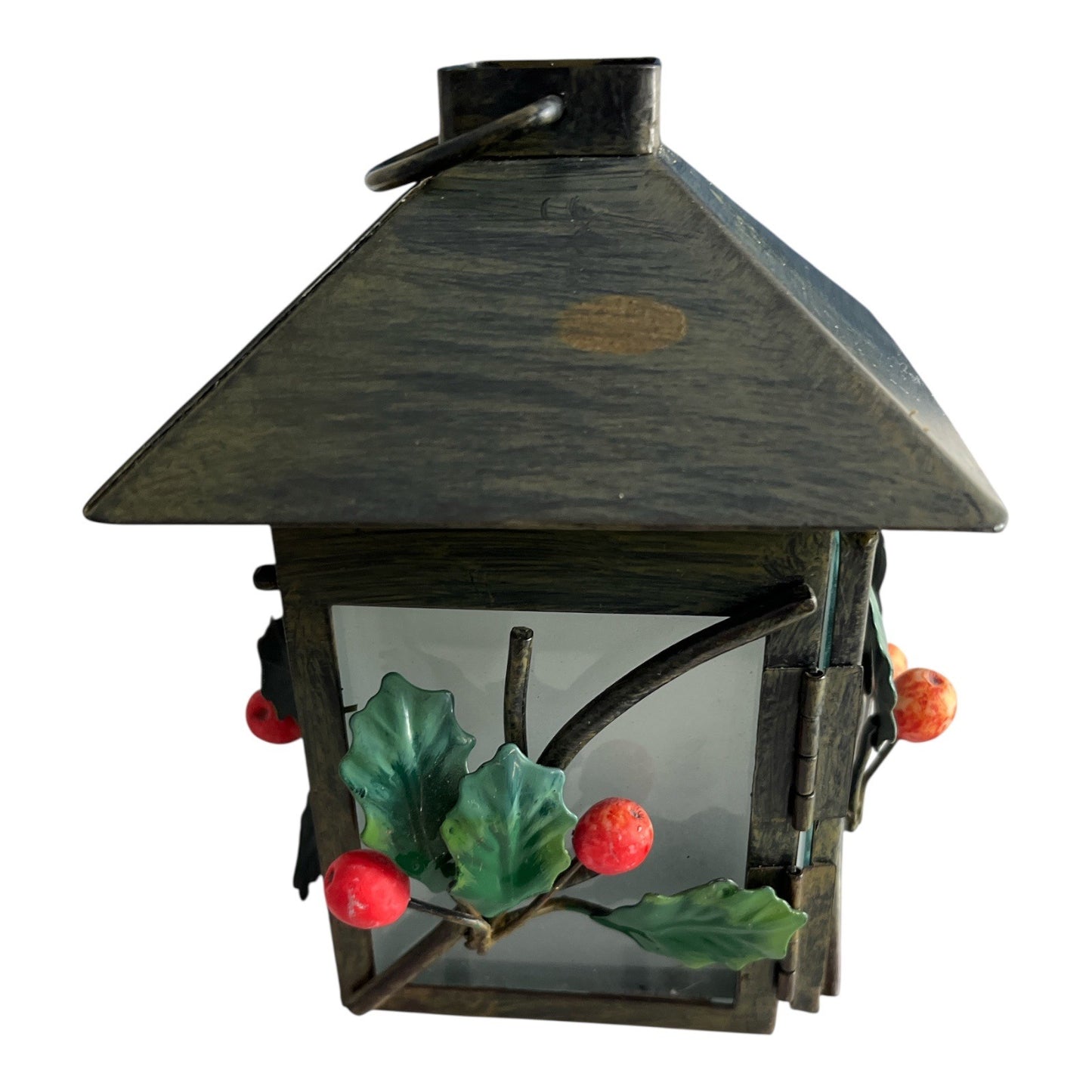 Vintage Holiday Lantern with Holly & Berry Accents – Metal & Frosted Glass