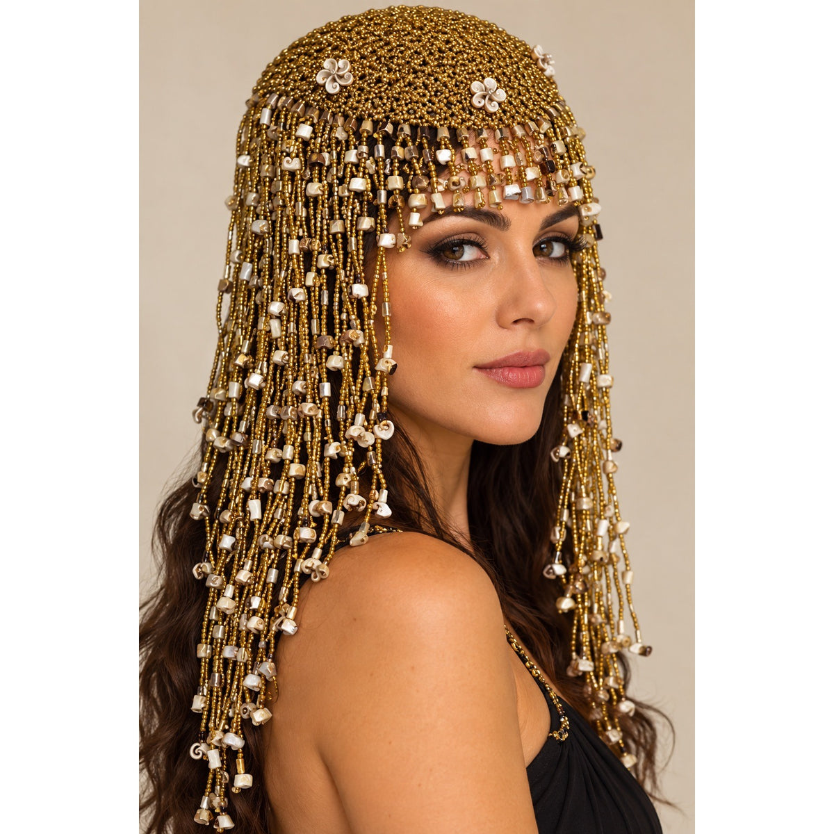 Vintage Gold Beaded Belly Dance Cleopatra Headdress Long Shell Fringe Stretch Cap