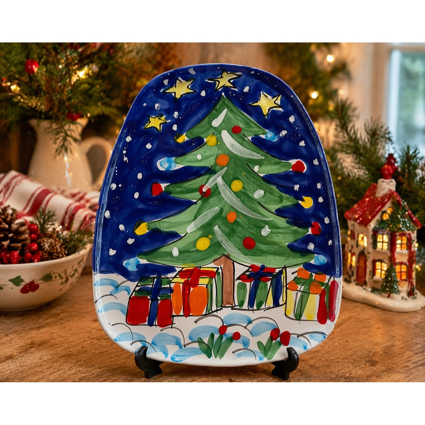 Vintage Hand Painted Christmas Tree Platter Italy Ceramic Holiday Plate 10”