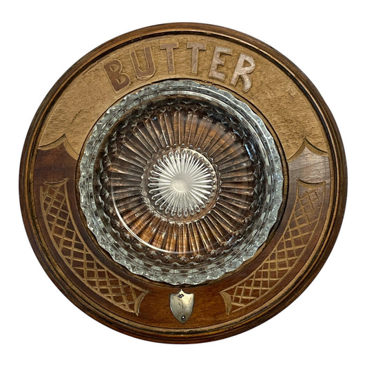 1950s Vintage Butter Dish – Carved Wood Board with Glass Duralex Insert – French Pressed Glass – Rustic Farmhouse Kitchen Decor