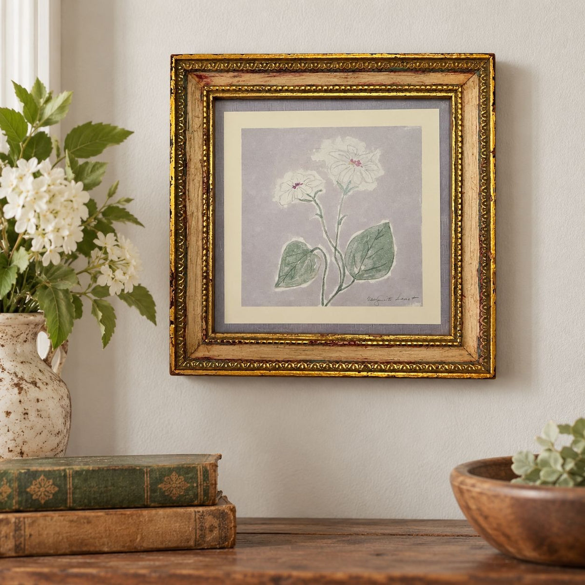 Vintage Marguerite Lanot Floral Botanical Print Ornate Gilt Frame 7 Inch