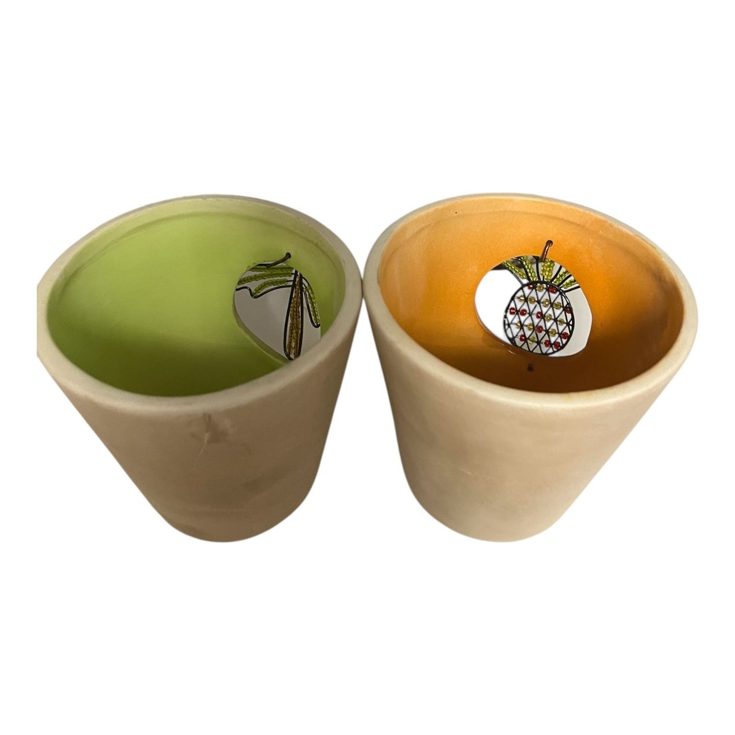 VTG Set of 2 Global Amici Tropical Candle Holders – Palm Tree & Pineapple | Beaded Pottery Votives 4"