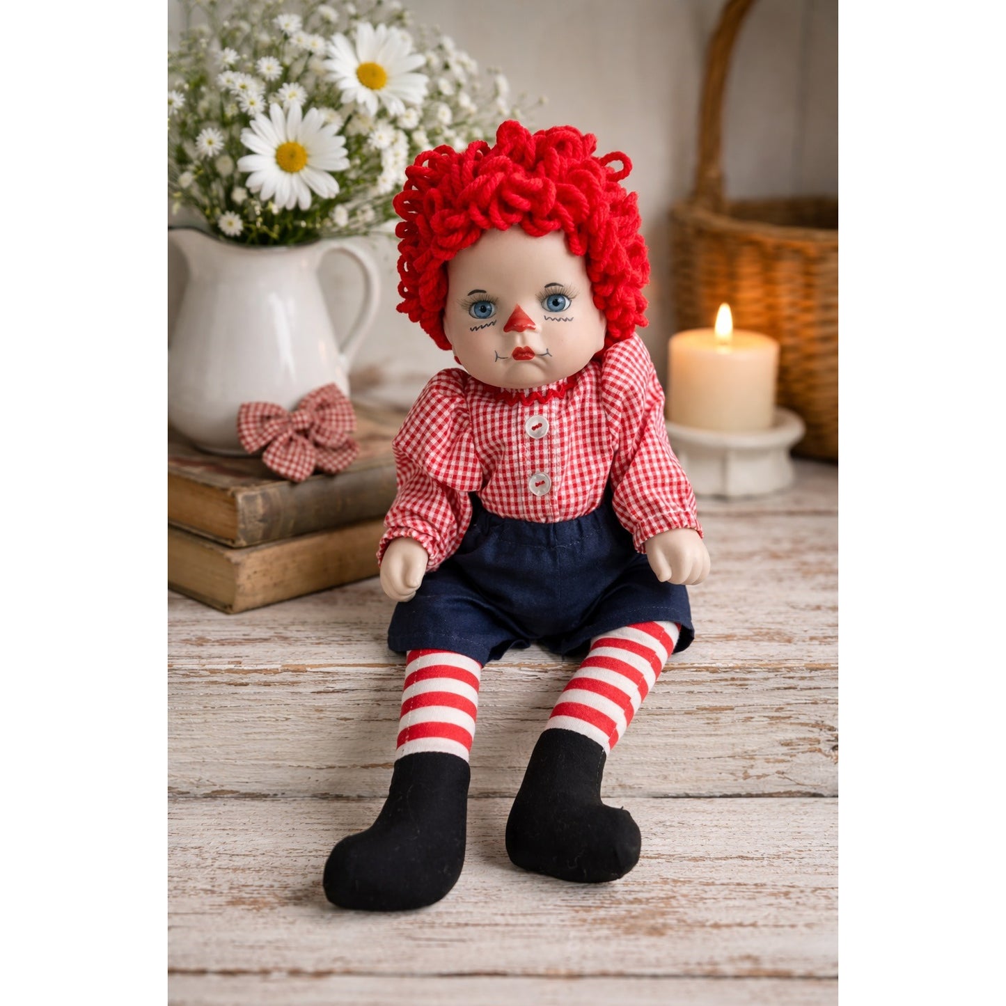 Vintage Porcelain Raggedy Style Doll 12 Inch Yarn Hair Cloth Body Red Gingham Outfit