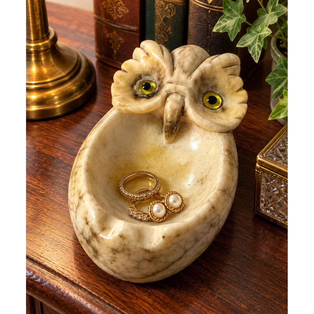 Vintage Italian Alabaster Owl Ashtray Yellow Glass Eyes MCM 5.5 Inch