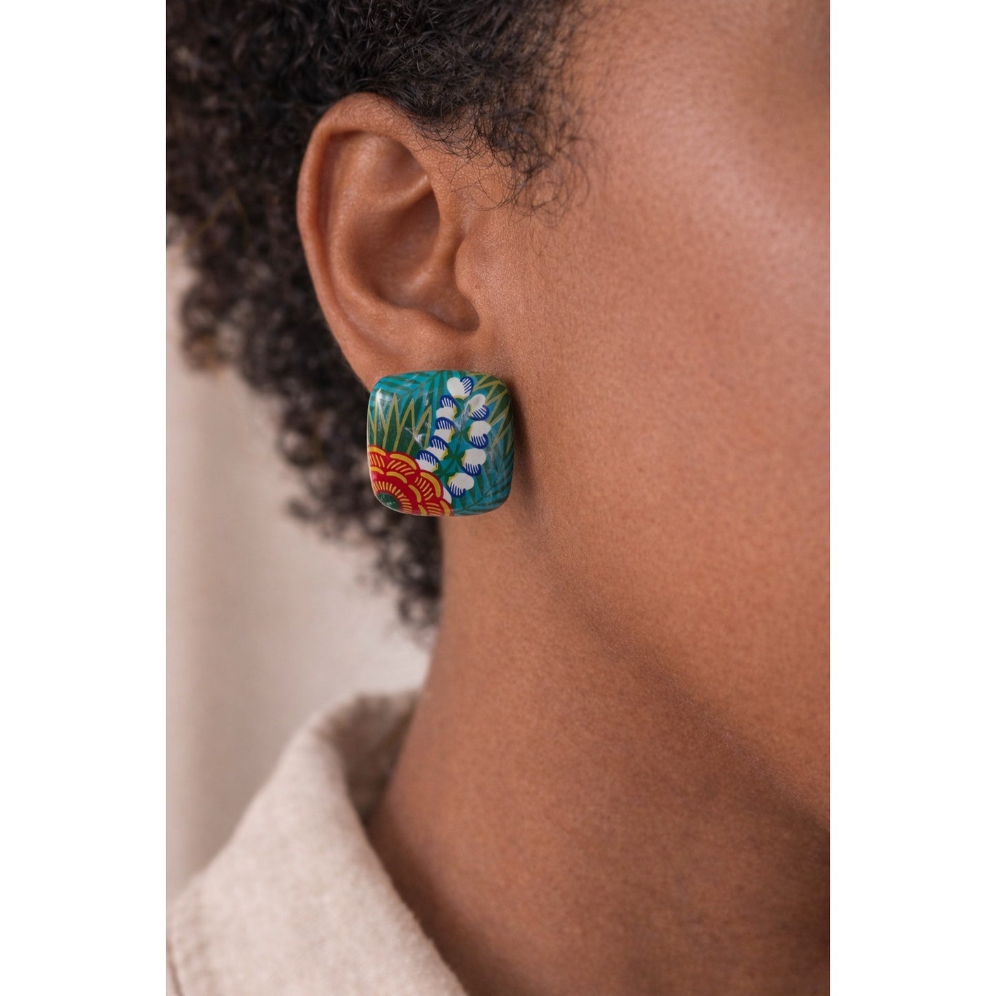 Vintage Floral Pierced Earrings Teal Green Red Tropical Leaf Square Statement Retro