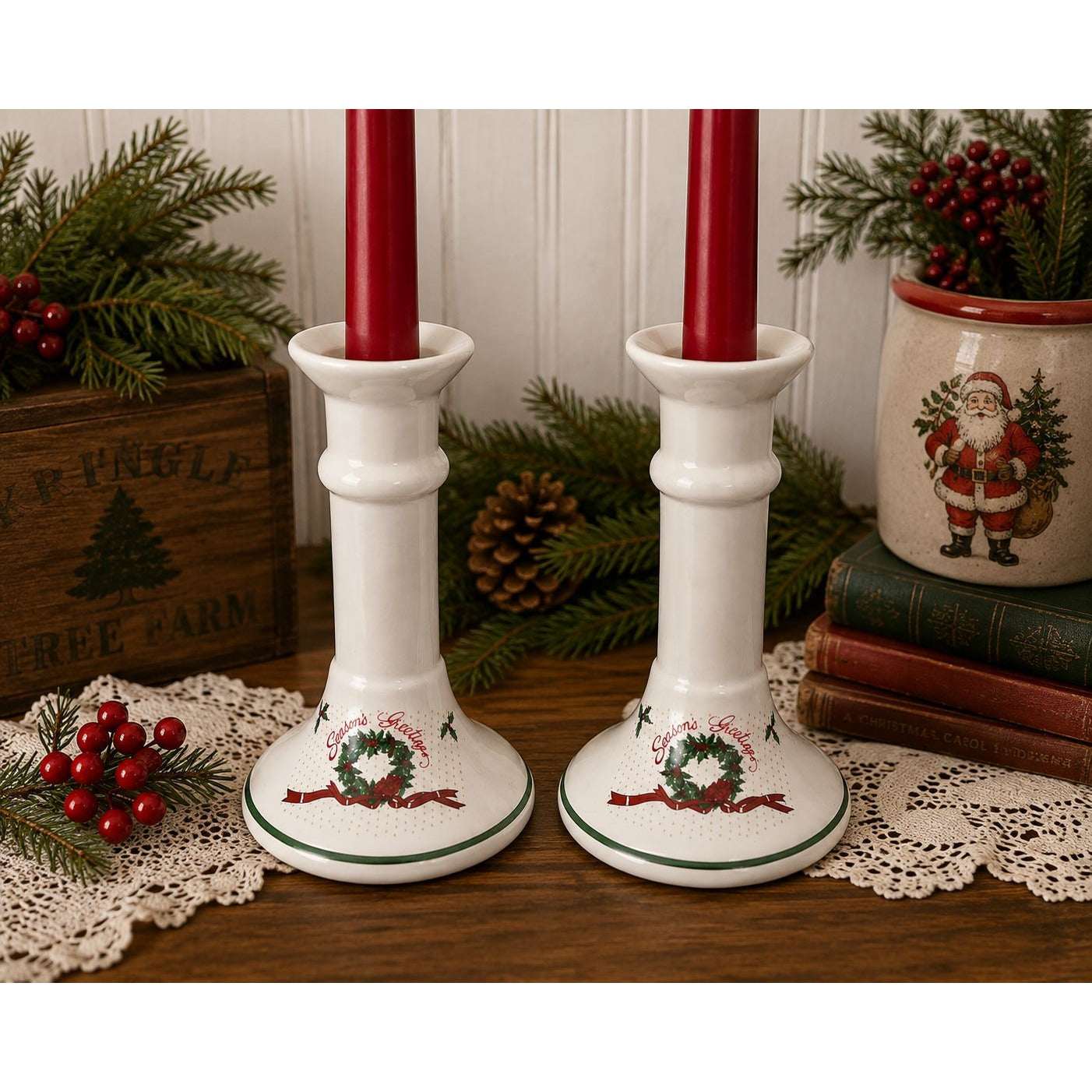 Vintage Season's Greetings Christmas Ceramic Candlestick Holders Pair Taiwan 6"