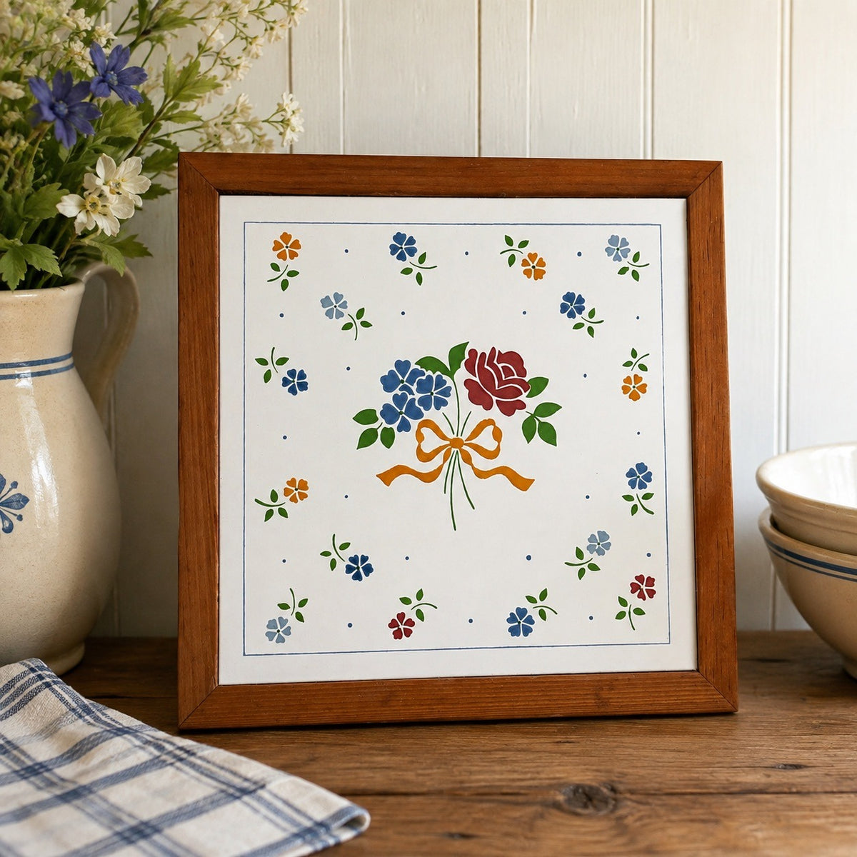 Vintage Framed Floral Ceramic Tile Wall Plaque 7” Square Country Cottage Folk Art