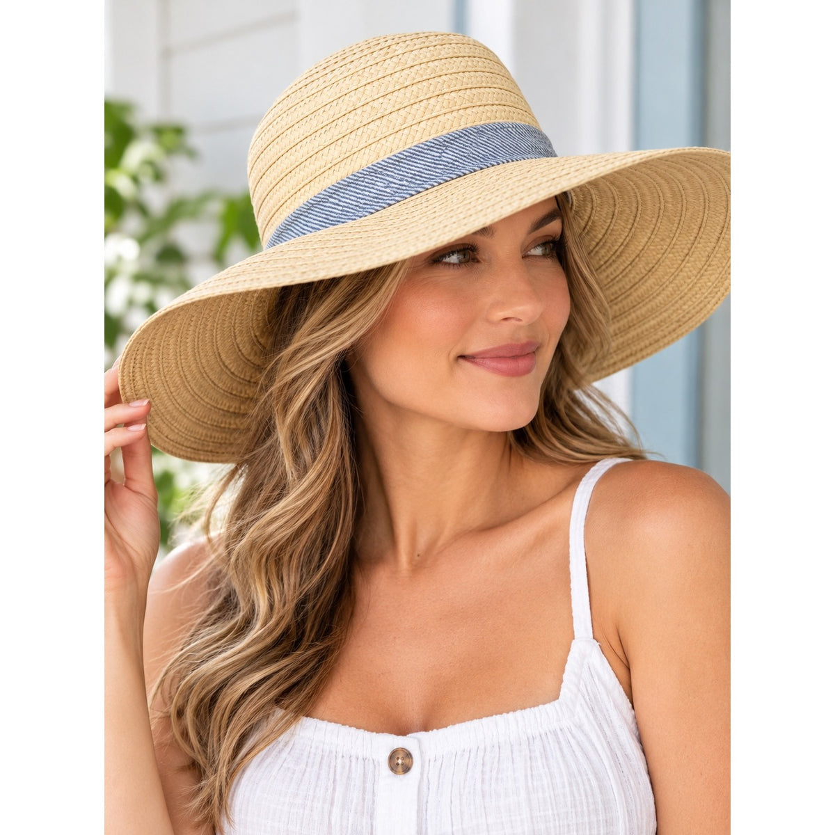 A New Day Wide Brim Straw Sun Hat Blue Striped Band Natural NWT 2018