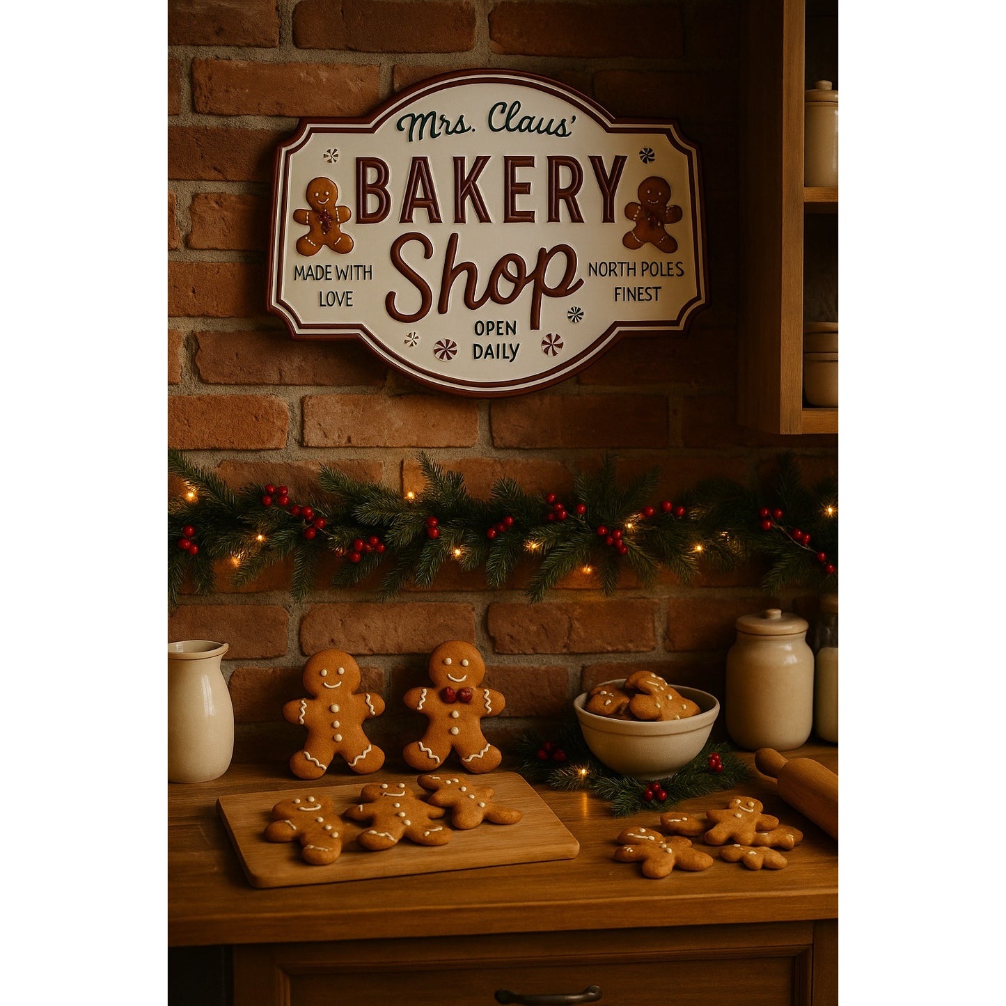 Mrs. Claus Bakery Shop Metal Christmas Wall Sign Gingerbread Kitchen Decor 18” x 13.5”
