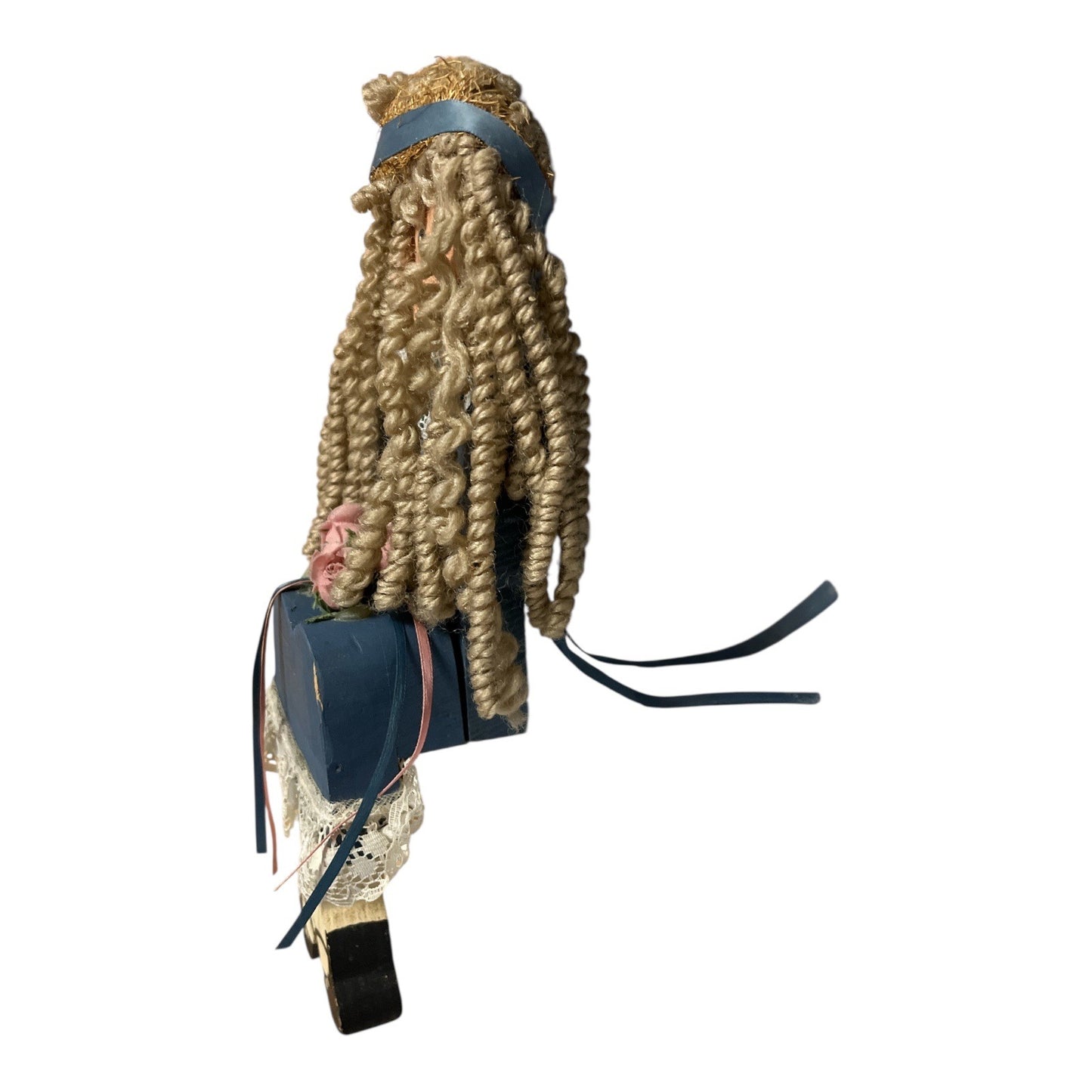 Vintage Wooden Shelf Sitter Doll – Blonde Curls, Blue Dress & Lace – 11"