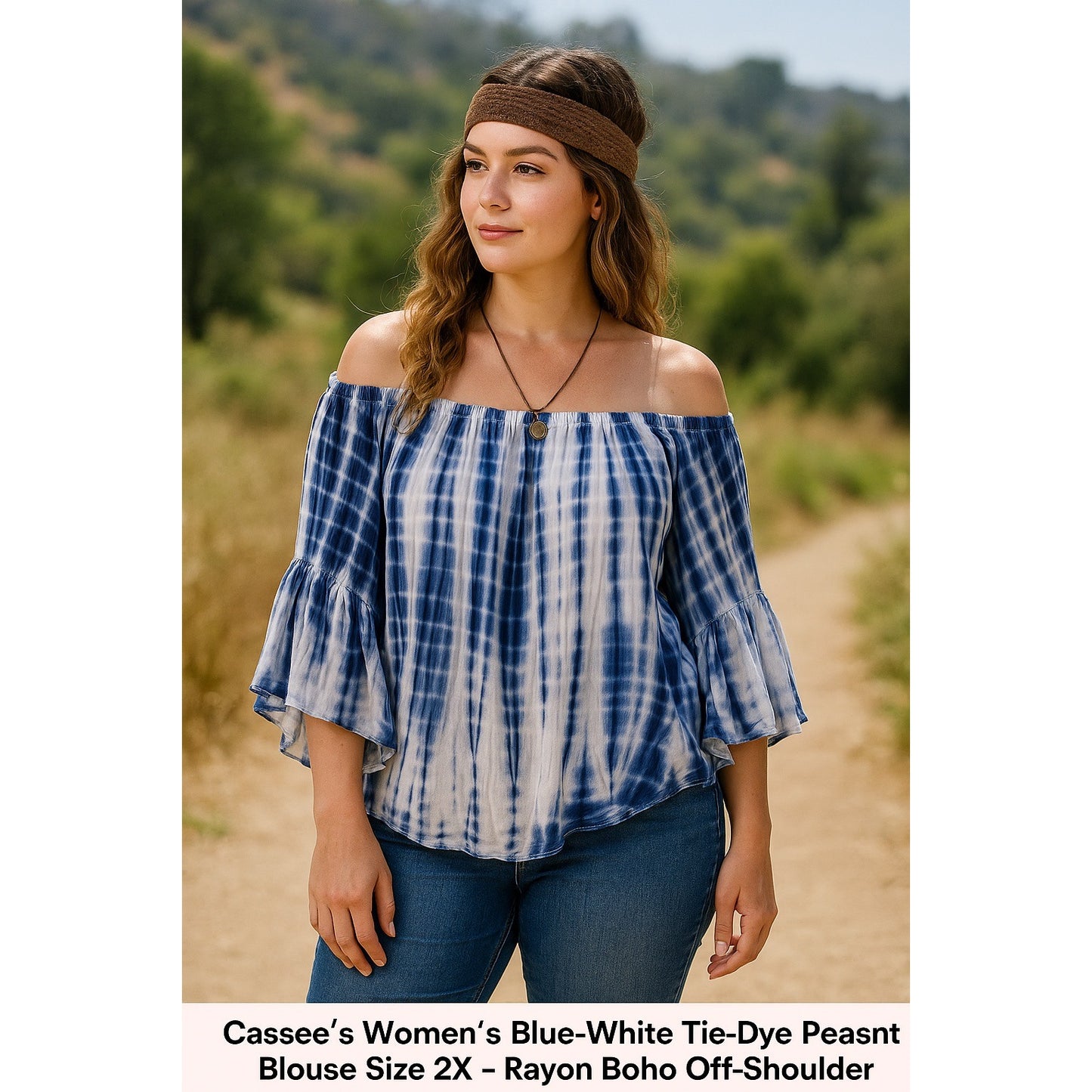 Cassee’s Women’s Blue White Tie-Dye Peasant Blouse Size 2X – Rayon Boho Off-Shoulder Top