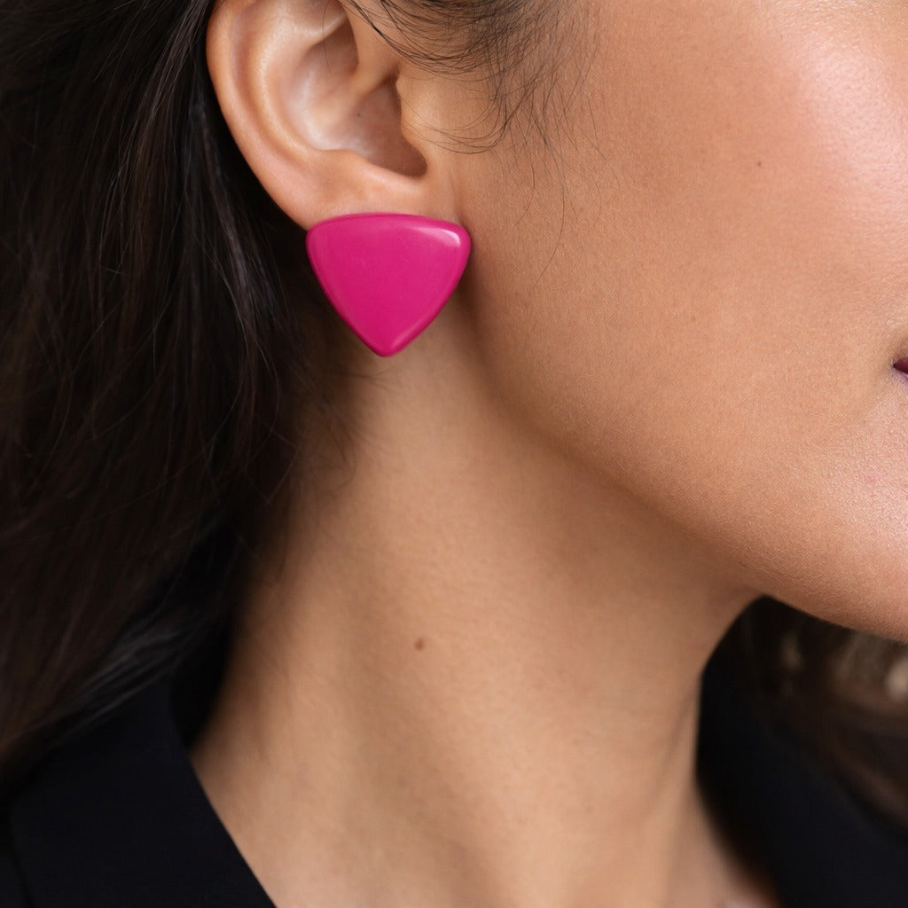 Vintage Fuchsia Triangle Stud Earrings Bold Geometric Statement 1.25 Inch