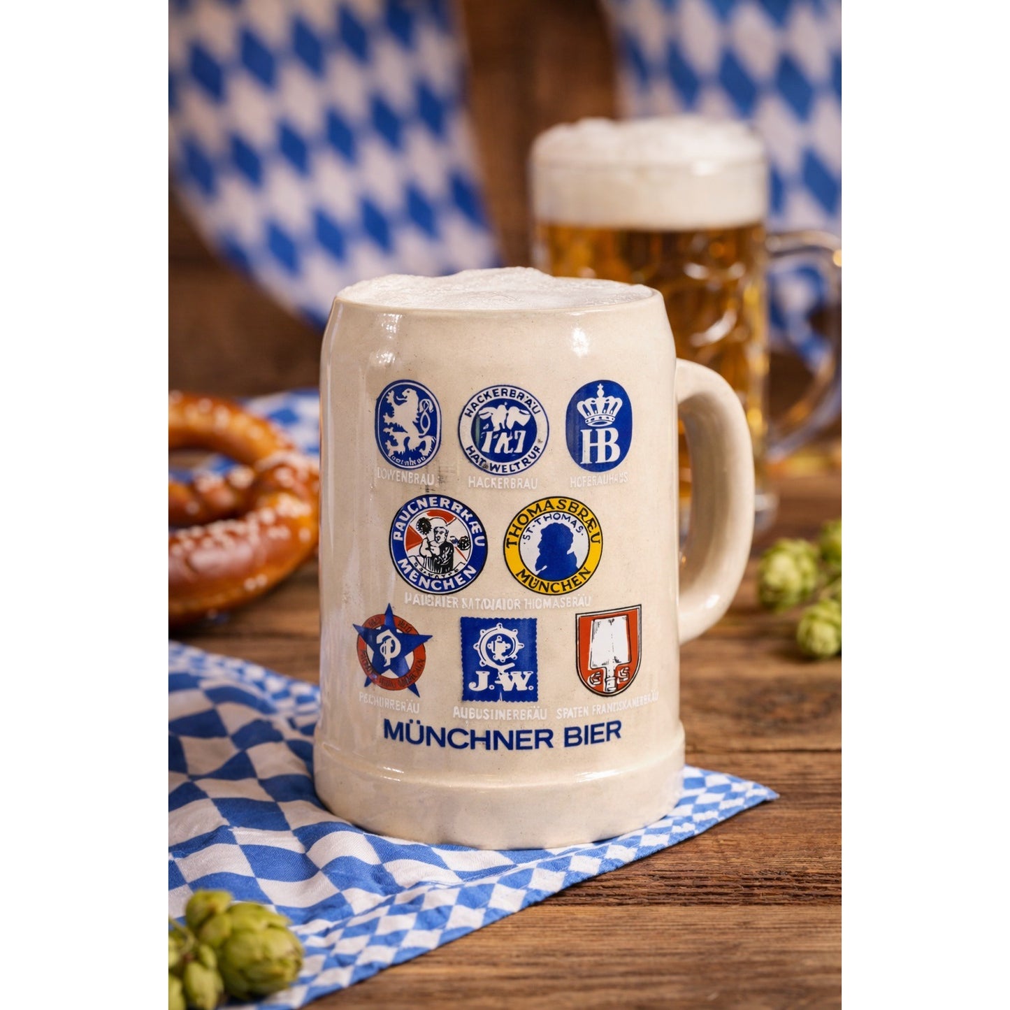 Vintage Münchner Bier German Beer Stein Mug Oktoberfest Brewery Logos Stoneware