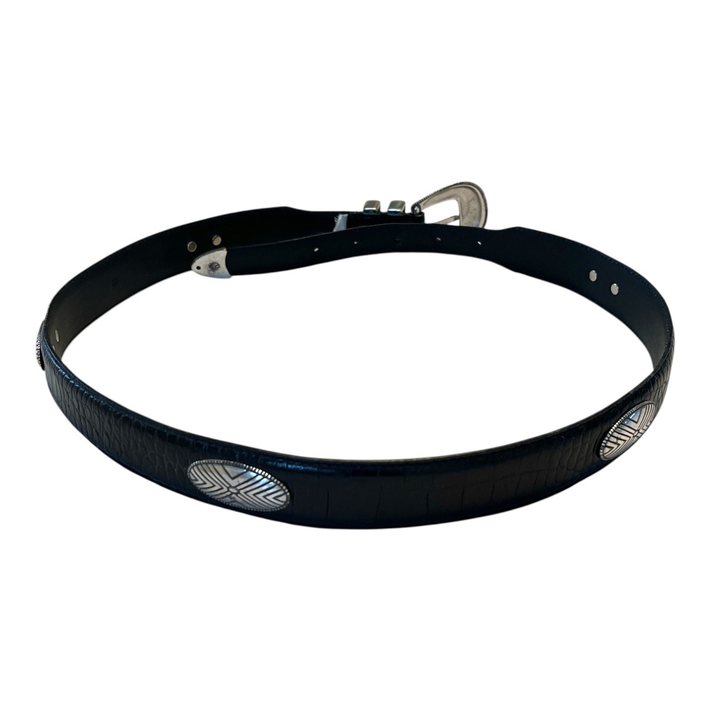 Vintage Western-Style Genuine Leather Belt with Tooled Silver-Tone Buckle & Accents – Black Croc Embossed – Size 35 x 1.13” – 1990s–2000s