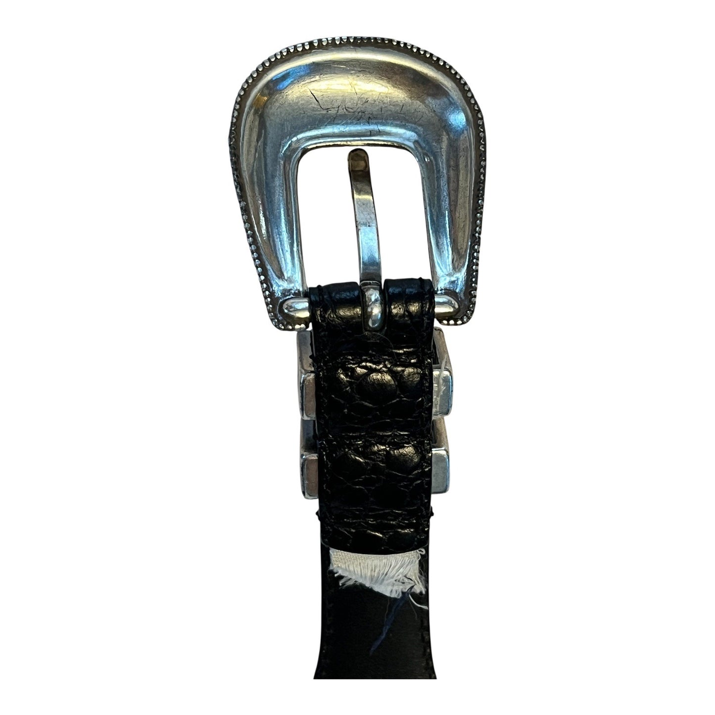 Vintage Western-Style Genuine Leather Belt with Tooled Silver-Tone Buckle & Accents – Black Croc Embossed – Size 35 x 1.13” – 1990s–2000s