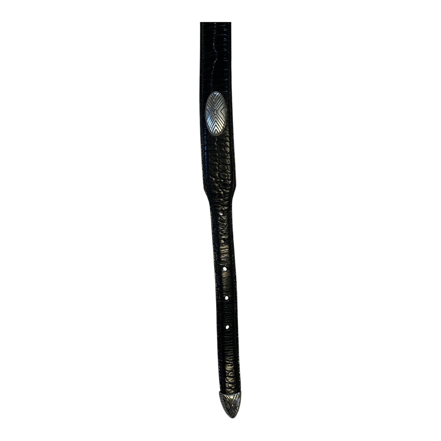 Vintage Western-Style Genuine Leather Belt with Tooled Silver-Tone Buckle & Accents – Black Croc Embossed – Size 35 x 1.13” – 1990s–2000s