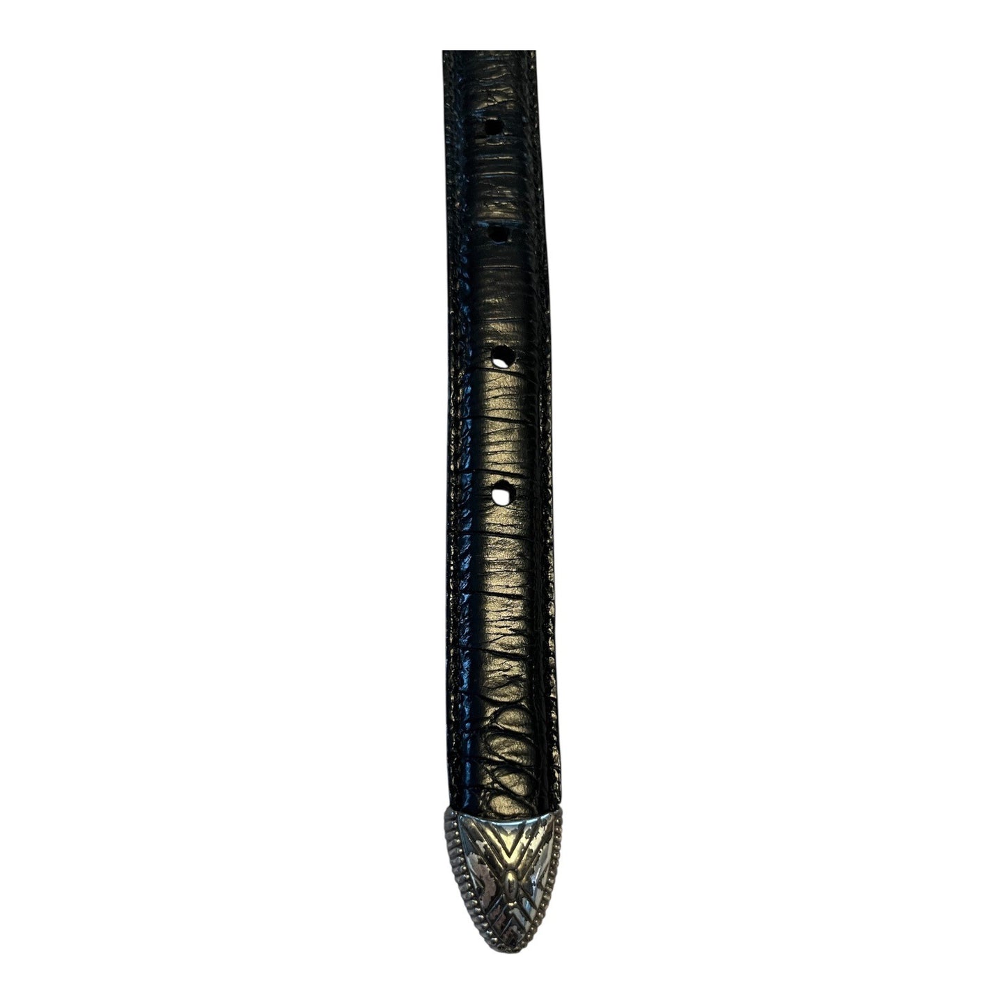 Vintage Western-Style Genuine Leather Belt with Tooled Silver-Tone Buckle & Accents – Black Croc Embossed – Size 35 x 1.13” – 1990s–2000s