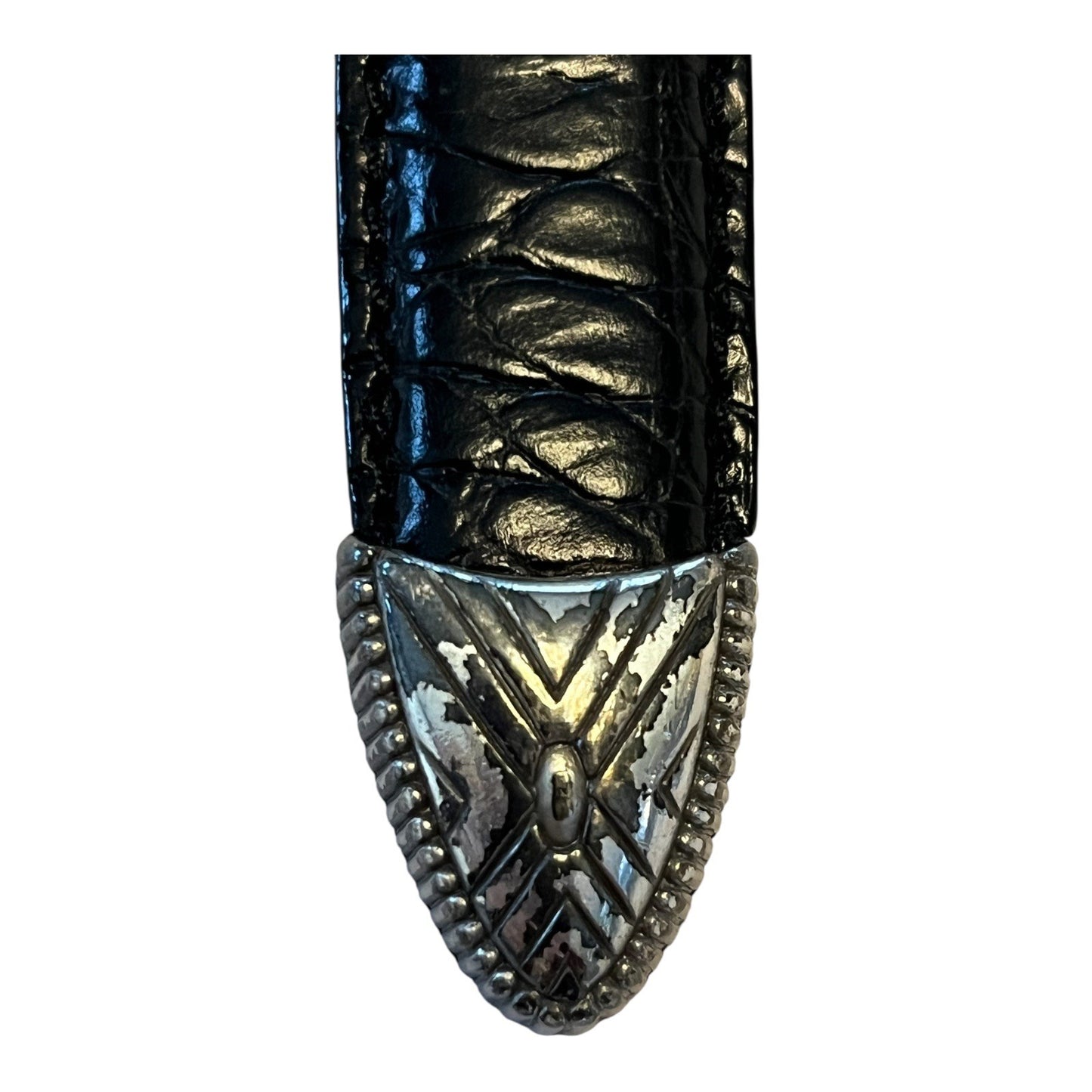 Vintage Western-Style Genuine Leather Belt with Tooled Silver-Tone Buckle & Accents – Black Croc Embossed – Size 35 x 1.13” – 1990s–2000s