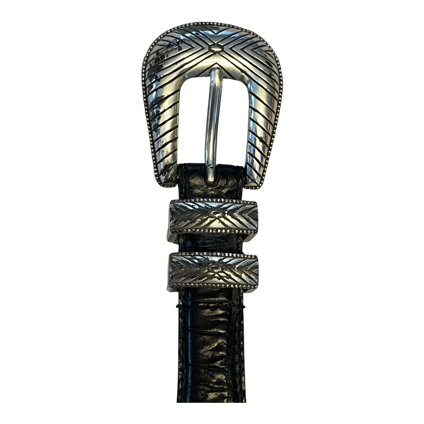 Vintage Western-Style Genuine Leather Belt with Tooled Silver-Tone Buckle & Accents – Black Croc Embossed – Size 35 x 1.13” – 1990s–2000s