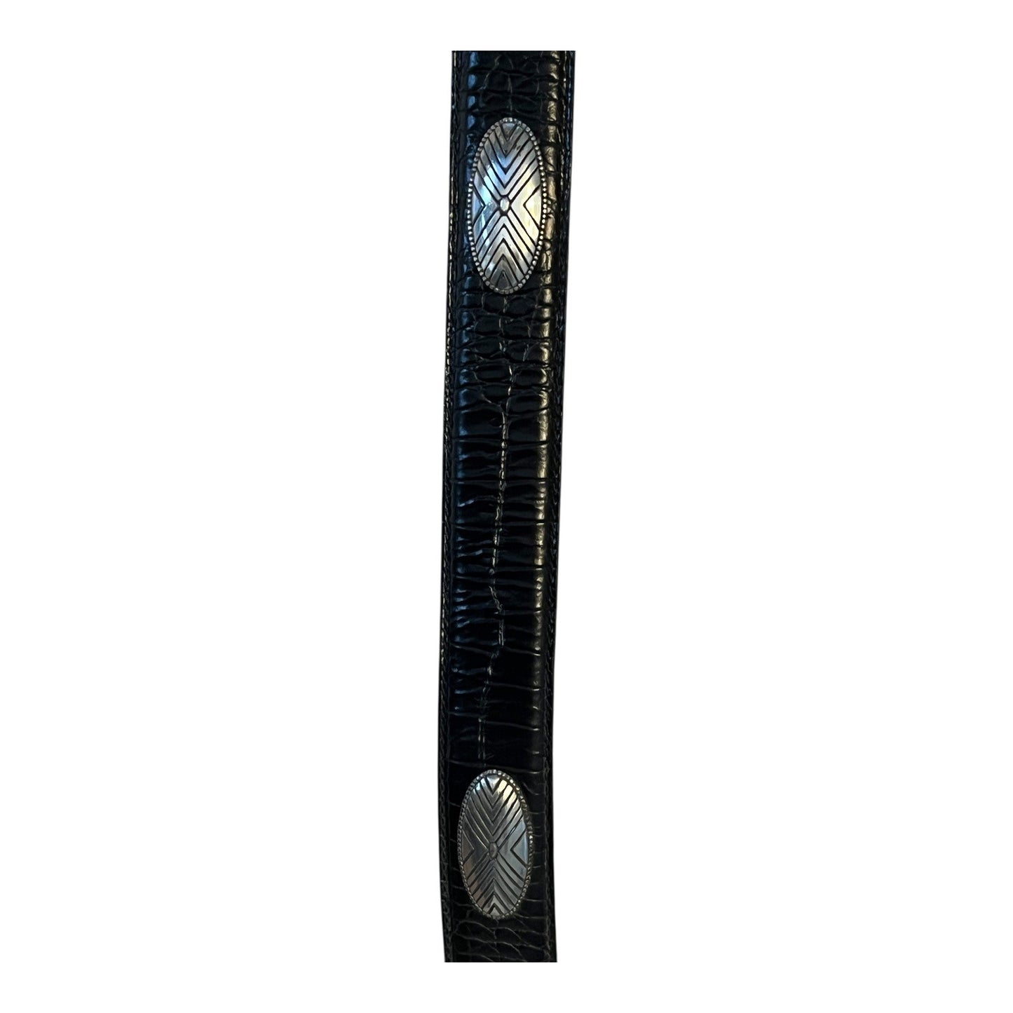 Vintage Western-Style Genuine Leather Belt with Tooled Silver-Tone Buckle & Accents – Black Croc Embossed – Size 35 x 1.13” – 1990s–2000s