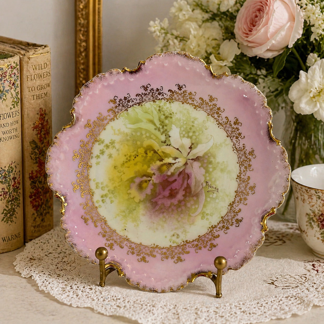 Antique Rosenthal R.C. Monbijou Bavaria Hand Painted Floral Plate Pink Gold Gilt 8”