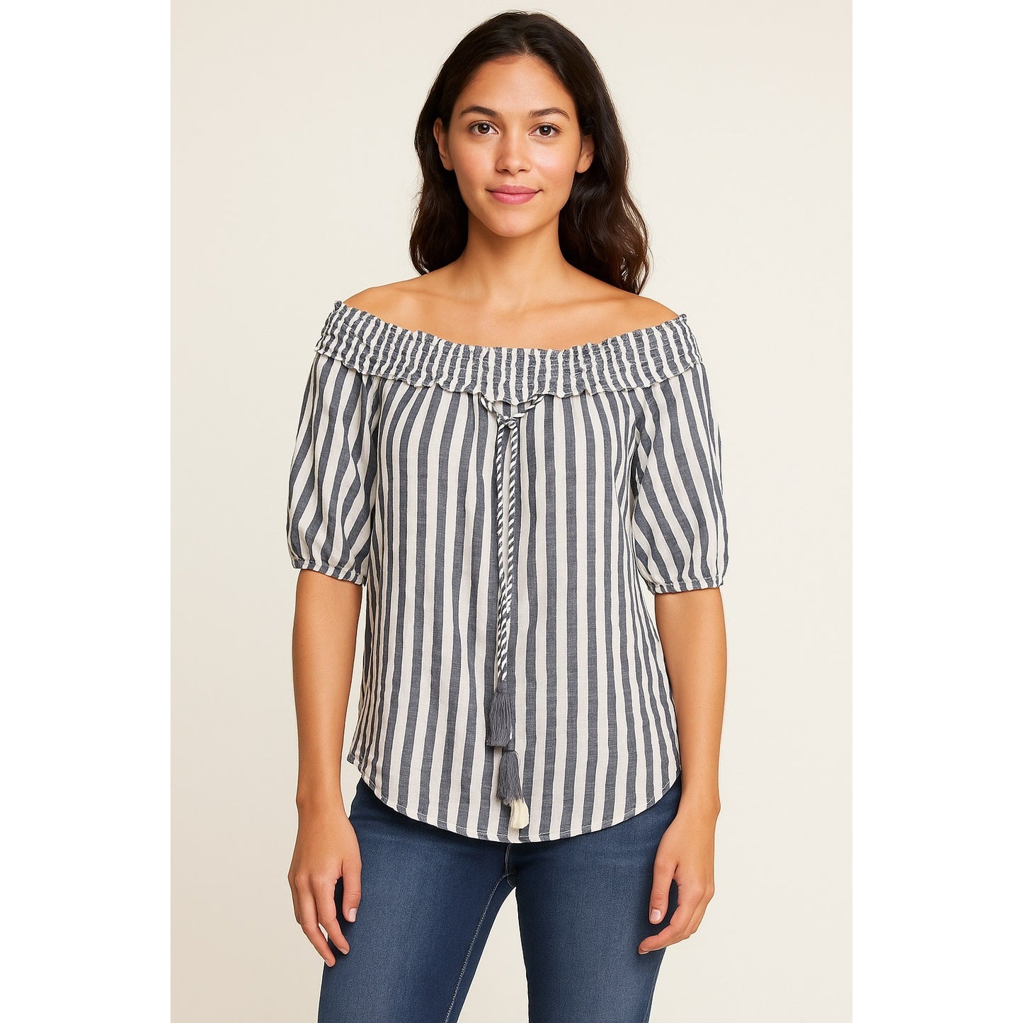 Mud Pie Women’s Striped Peasant Top with Tassel Tie – Size Small