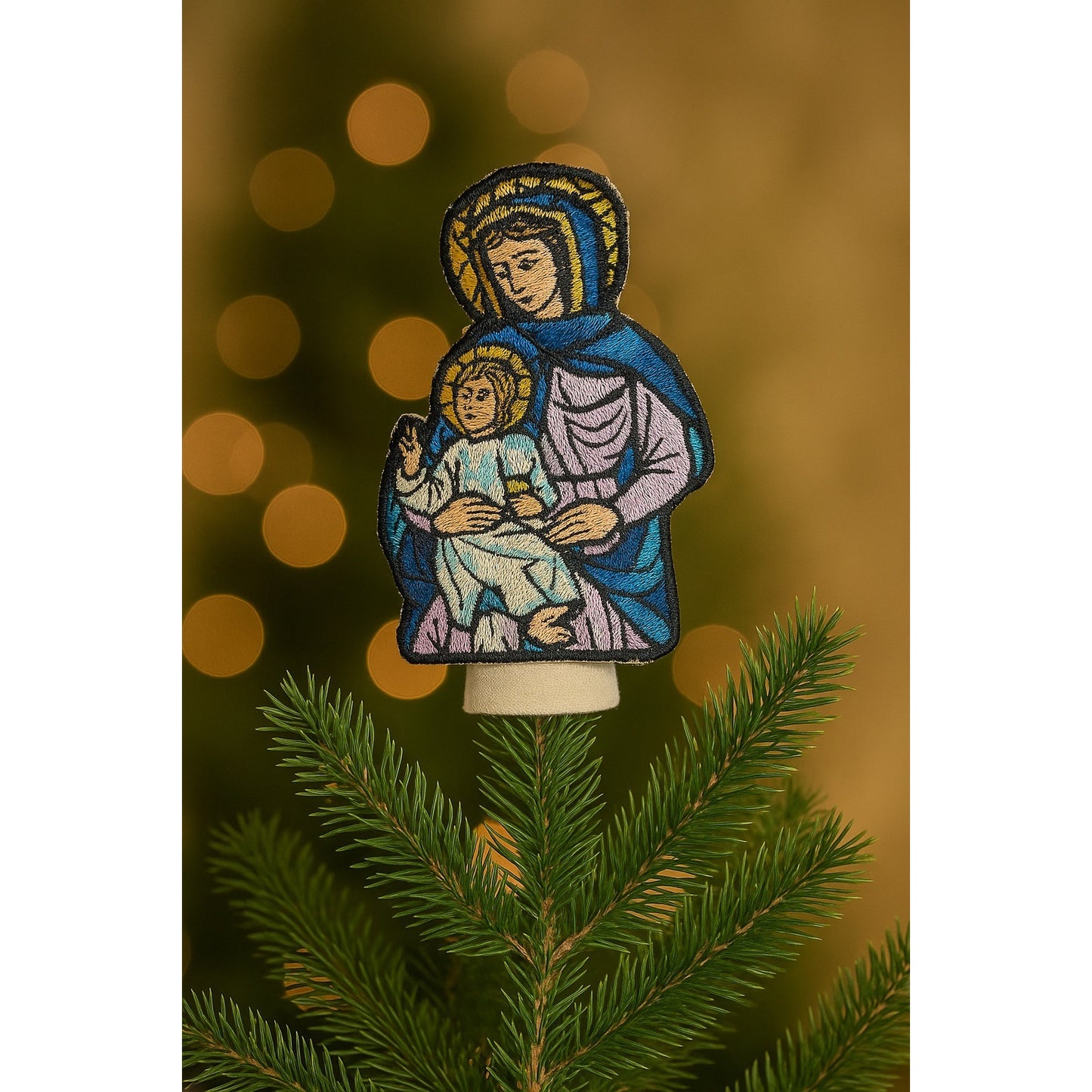 Vintage 1994 New Traditions Embroidered Madonna and Child Tree Topper – MJ Designs – Original Card