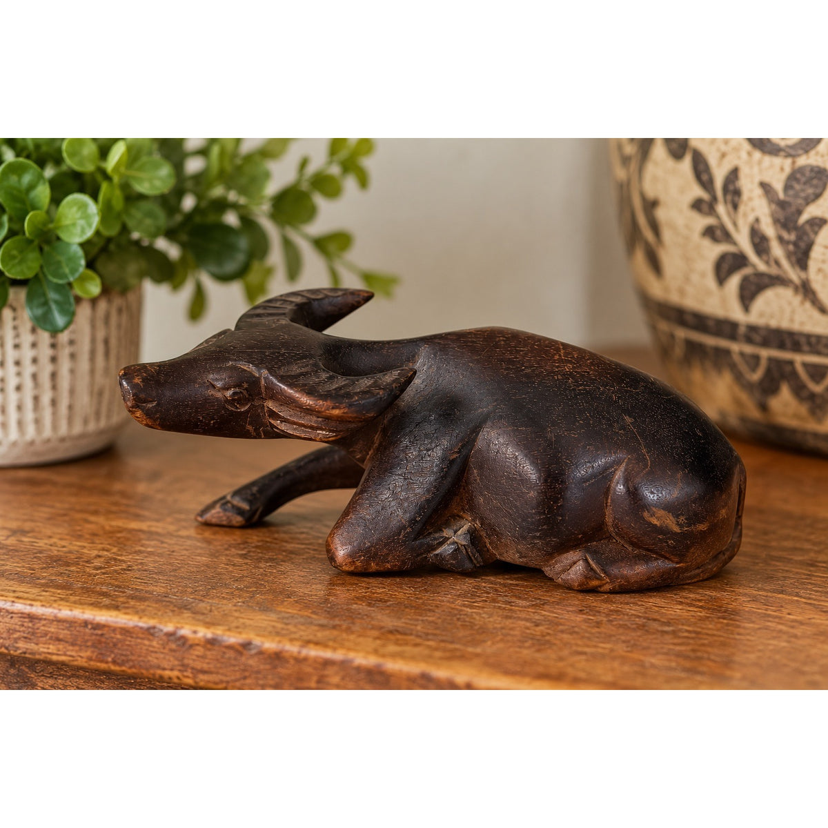 Vintage Hand Carved Wood Water Buffalo Figurine Reclining Asian Folk Art 6"