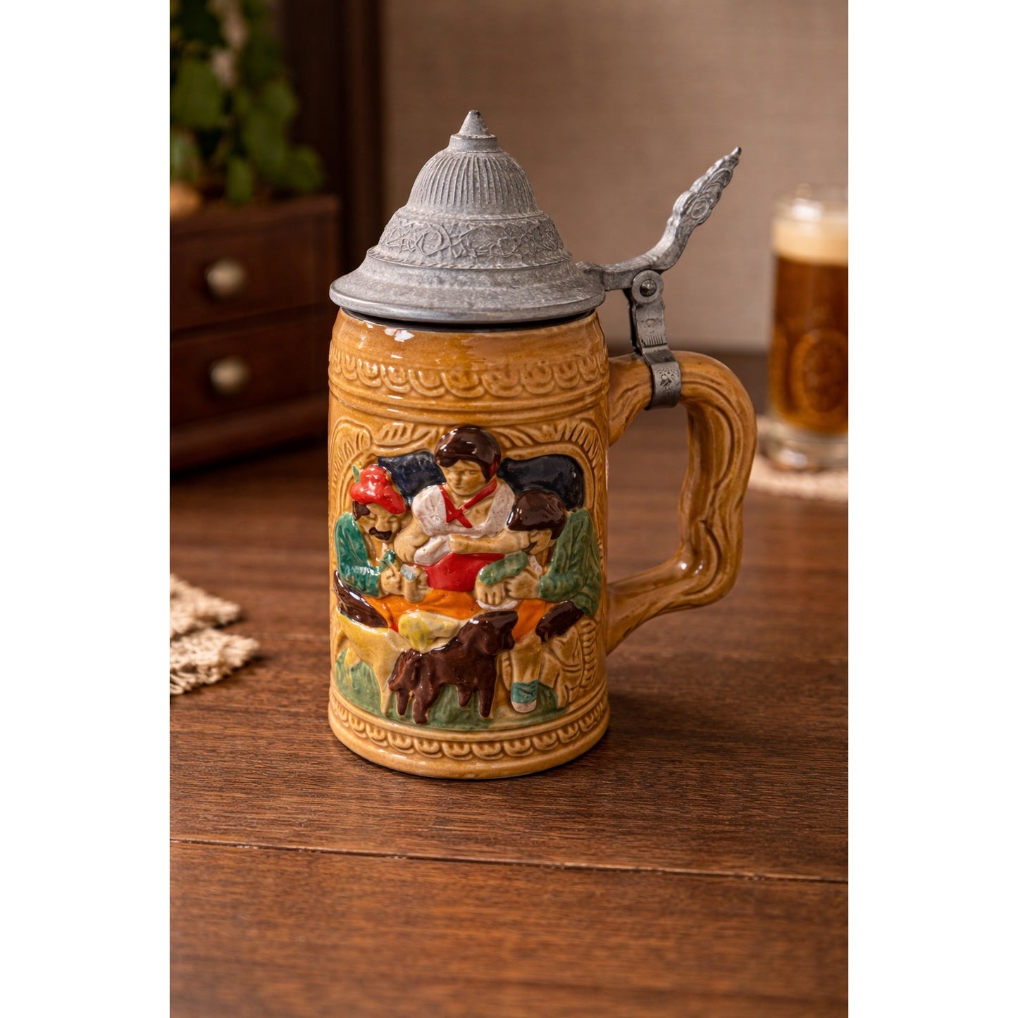 Vintage German Beer Stein Lidded Ceramic Stein Embossed Relief Drinker Scene Pewter Lid
