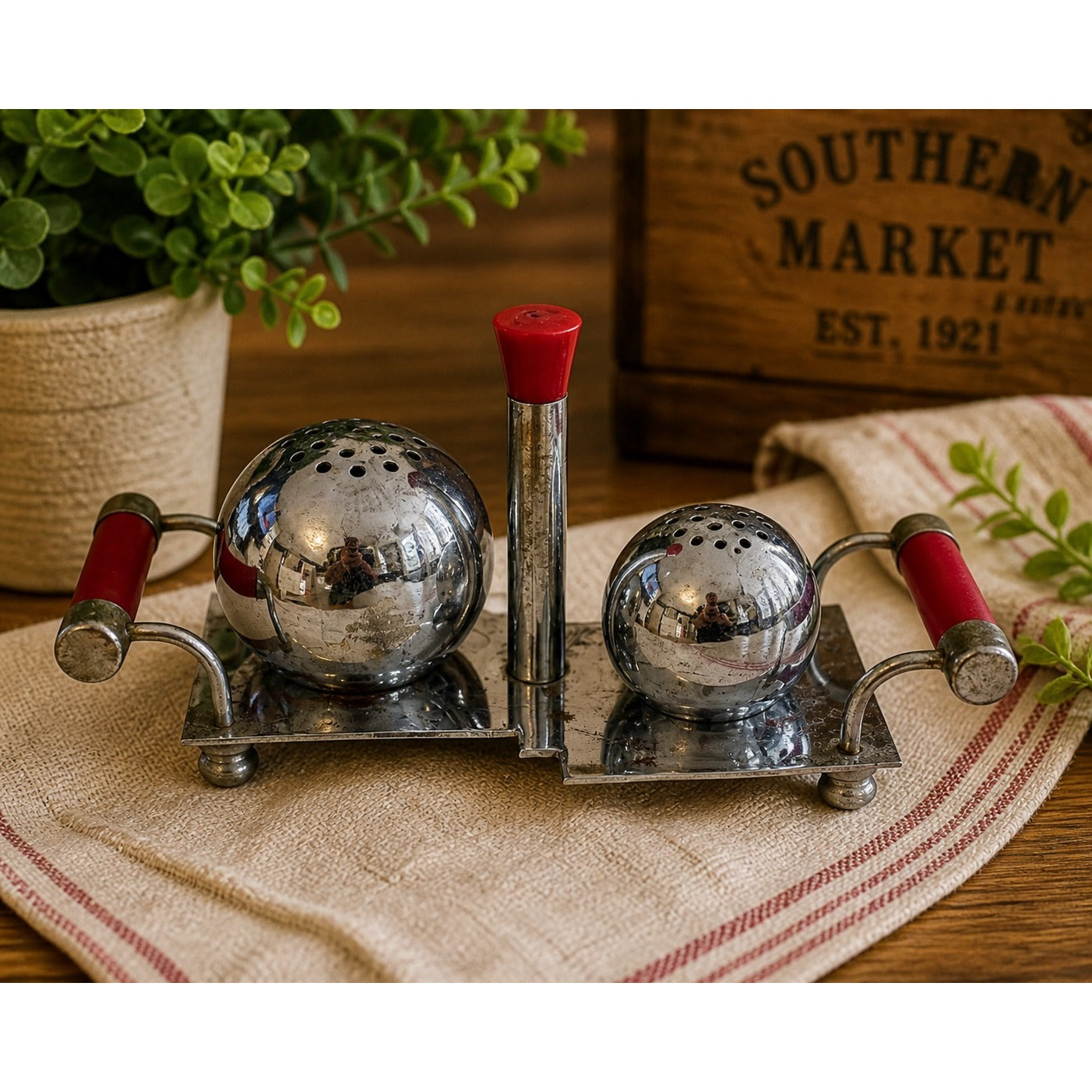 Vintage Japan Chrome Salt Pepper Shaker Set Tray Red Handles Mid Century Atomic