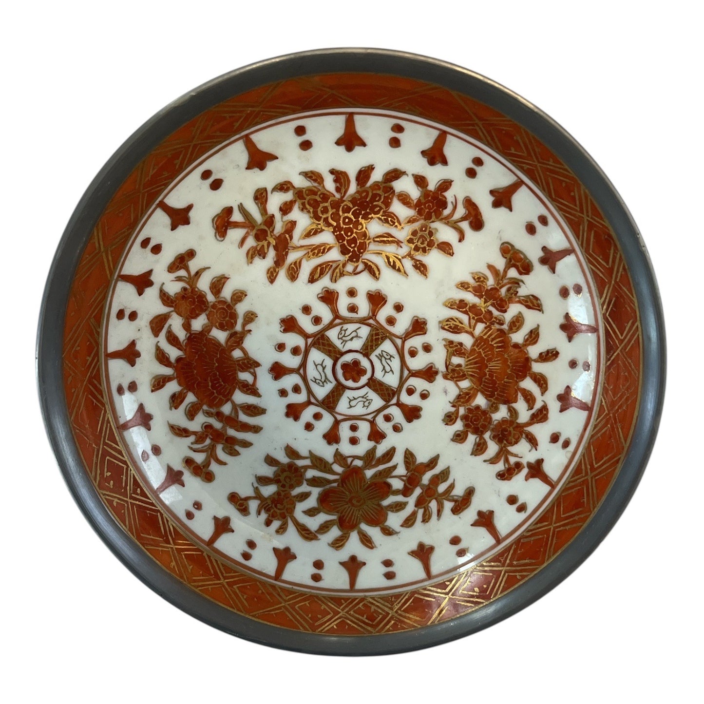 MCM Japanese Porcelain Bowls with Pewter Rims – ACF Hong Kong – Red & Gold Floral – Mid-Century Pair