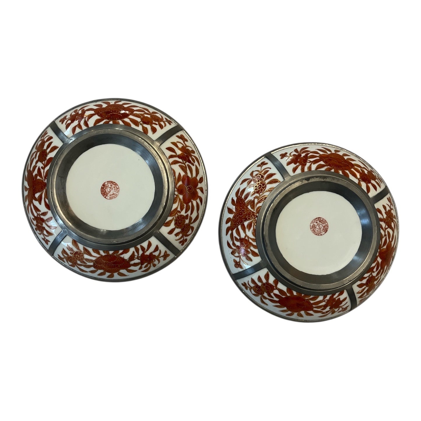MCM Japanese Porcelain Bowls with Pewter Rims – ACF Hong Kong – Red & Gold Floral – Mid-Century Pair