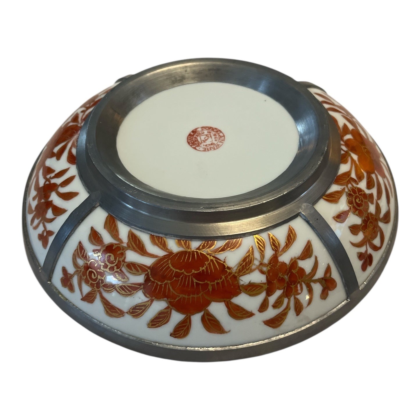 MCM Japanese Porcelain Bowls with Pewter Rims – ACF Hong Kong – Red & Gold Floral – Mid-Century Pair