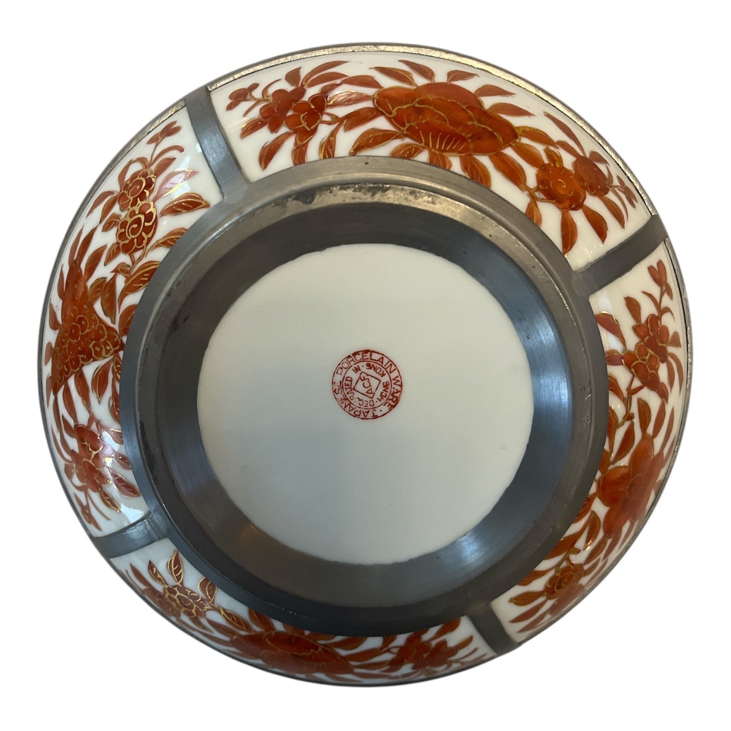 MCM Japanese Porcelain Bowls with Pewter Rims – ACF Hong Kong – Red & Gold Floral – Mid-Century Pair