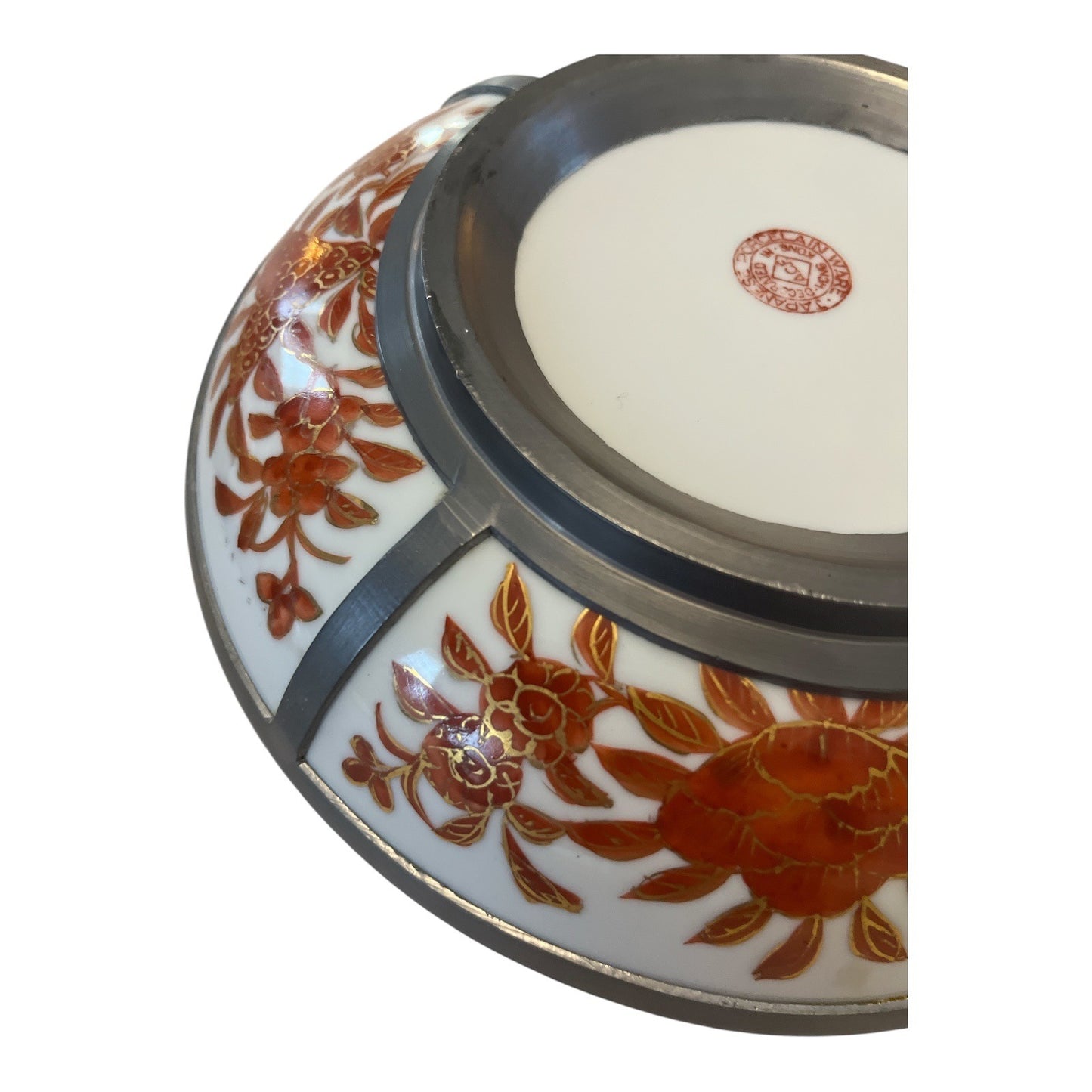 MCM Japanese Porcelain Bowls with Pewter Rims – ACF Hong Kong – Red & Gold Floral – Mid-Century Pair
