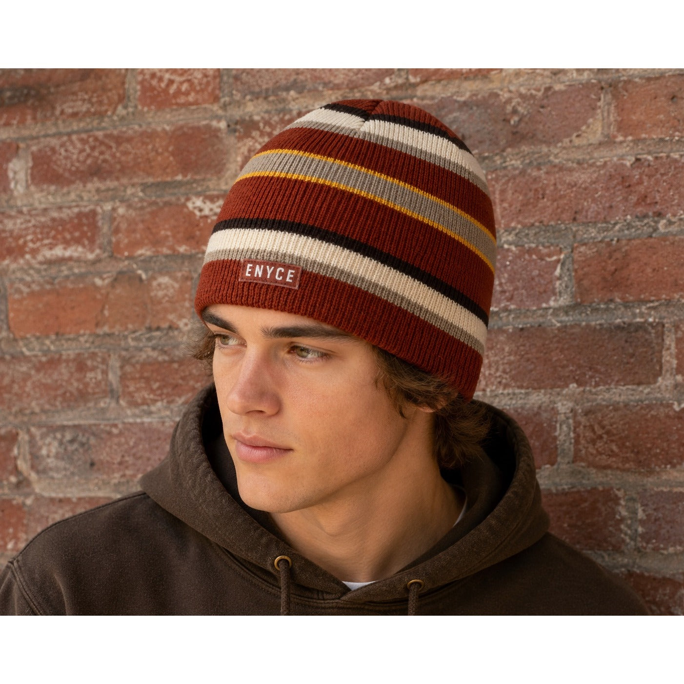 Enyce Brown Striped Knit Beanie Hat Wool Blend Winter Skull Cap Made in Korea