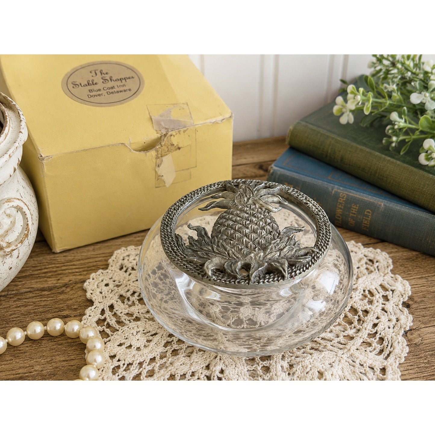 Vintage Pineapple Potpourri Bowl Glass Pewter Lid Blue Coat Inn Delaware