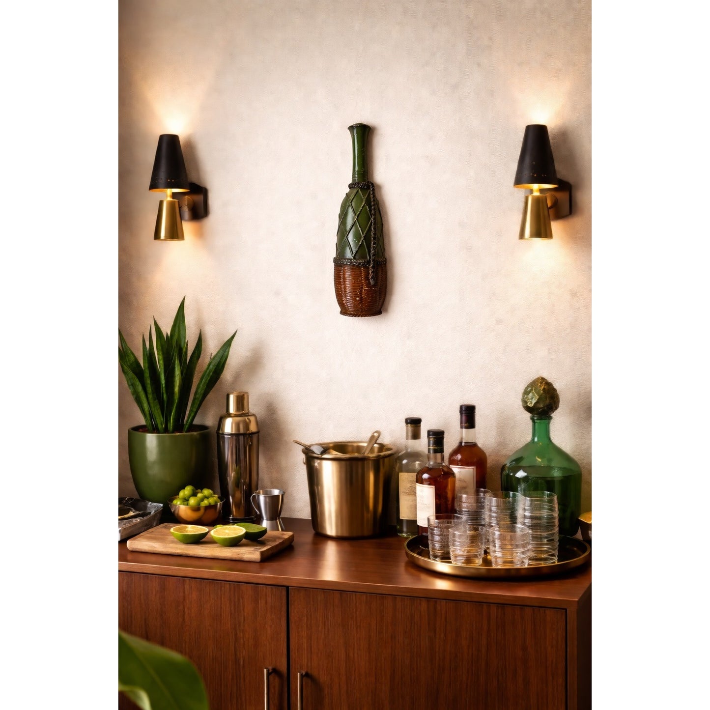 Sexton Mid Century Modern Metal Wine Bottle Wall Art Green Brown MCM