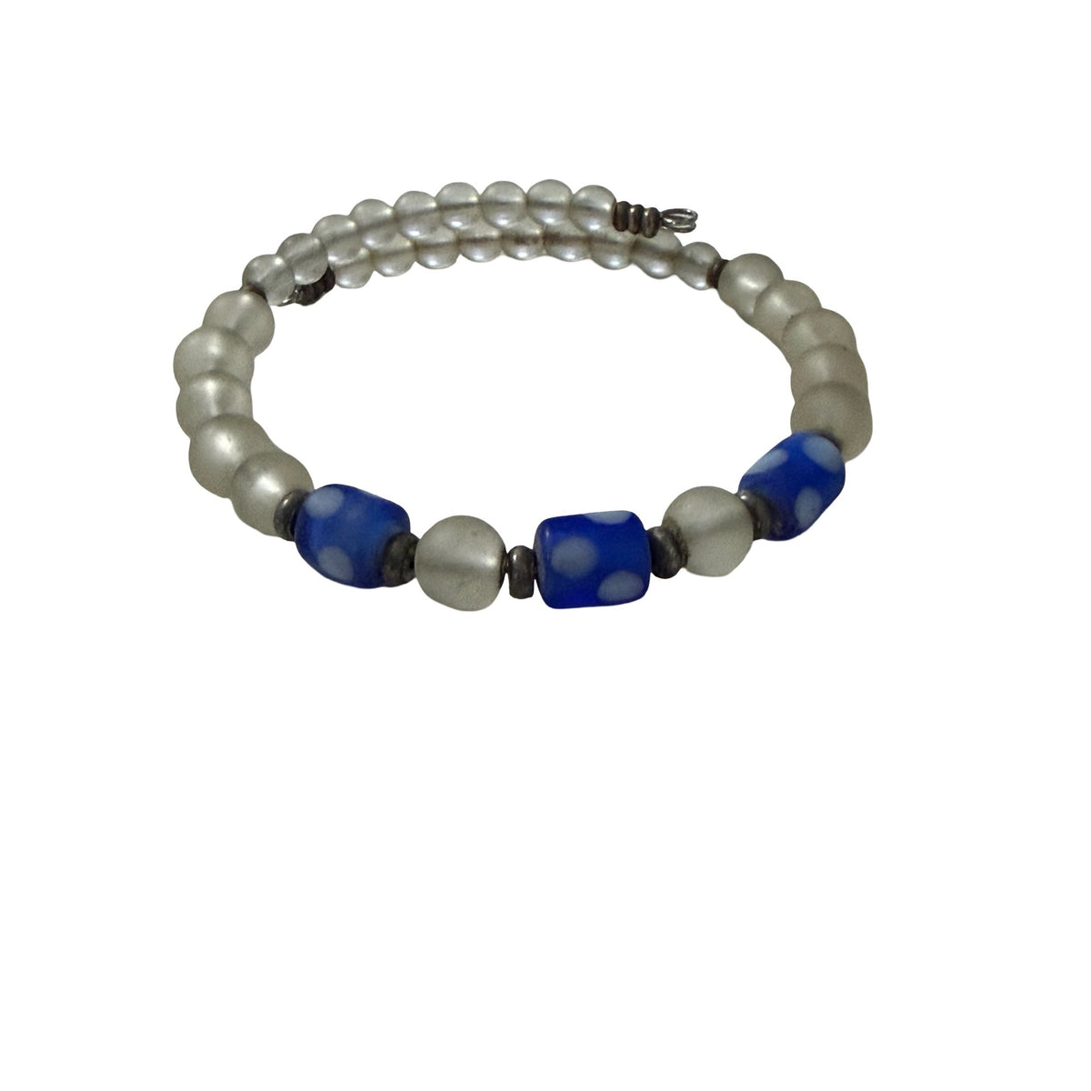 Blue White Lampwork Art Glass Frosted Bead Bracelet Silver Tone Artisan